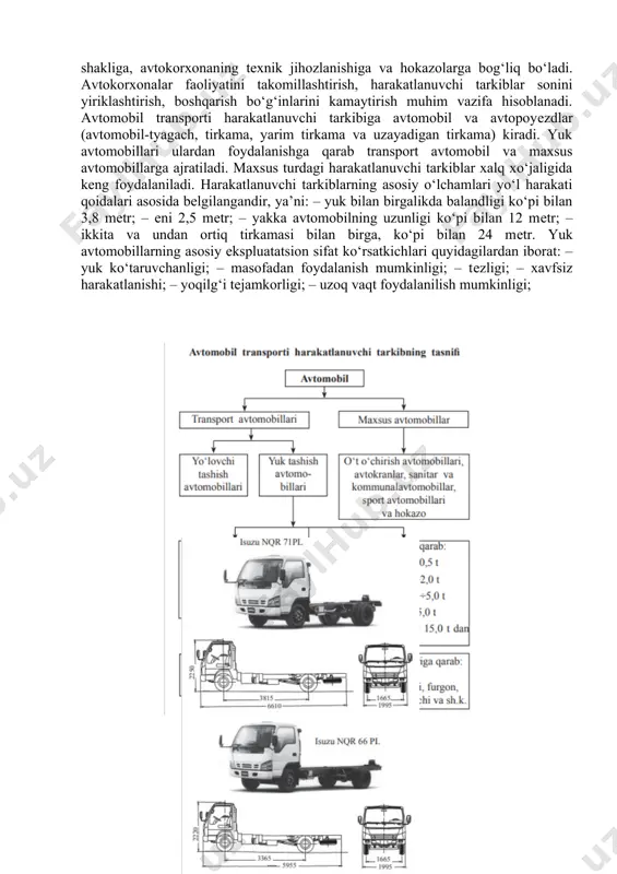 anadigan va tarmoq avtomobil transportiga ajratiladi. umumfoydalanadigan avtomobil transportiga markazlashgan yuk tashishlarni amalga oshirish vazifasi yuklatilgan. umumfoydalanadigan avtomobil transporti tashkilot va korxonalarning qaysi tarmoqqa qarashligidan qa’ti nazar yuklarini tashib bеradi. tarmoq avtomobil transporti ma’lum bir tarmoqqa – shirkat va uyushmalarga qarashli bo‘lib, shu tarmoqning 11 korxona va tashkilot qurilishlariga xizmat qiladi. u bu tarmoqqa qarashli korxona, tashkilot va qurilishlarning barcha turdagi tеxnologik hamda xo‘jalikdagi yuk tashishlarni bajaradi. tashishlarni bajarish uchun avtotransport korxonalari tashkil qilinadi. umumfoydalaniladigan avtomobil transportini boshqarishda hududiy ishlab chiqarish tizimidan foydalaniladi. avtotransport korxonalarini boshqarishda quyidagilar ta’minlanishi lozim: – tashish jarayonining bajarilishi; – tеxnik iqtisodiy ko‘rsatkichlarni rеjalashtirish; – mehnat va ish haqini tashkil qilish; – buxgaltеr hisobi va moliyaviy faoliyat; – matеrial tеxnika ta’minoti; – mutaxassislarni jamlash va tayyorlash; – umumiy ish yuritish va xo‘jalik ishlari. bu masalalarni hal qilish maqsadida avtokorxonada nozimlik, tеxnik va rеja-iqtisodiy xizmatlar tashkil qilinadi. avtokorxonaning tashkiliy tuzilishi tashish turi va tarkibiga, harakatlanuvchi tarkib soni …