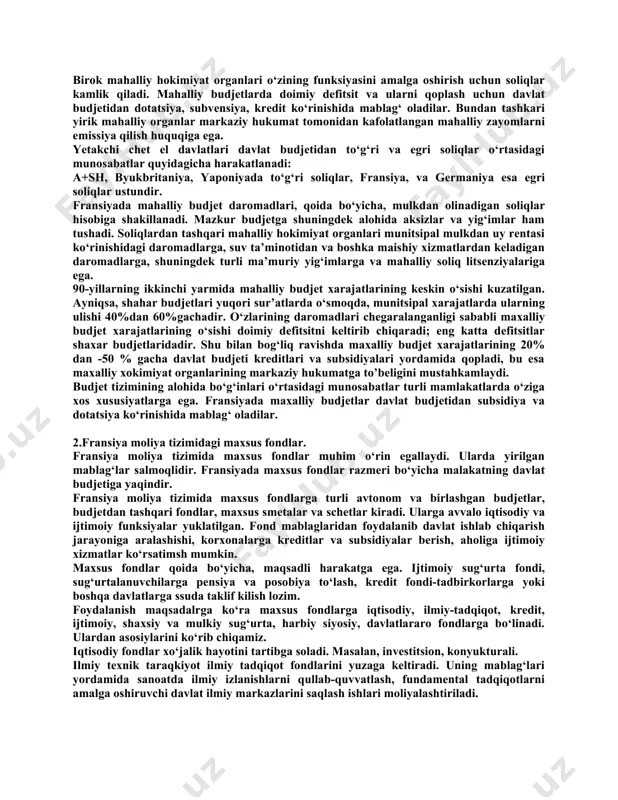 rinishida mablag‘ oladilar. bundan tashkari yirik mahalliy organlar markaziy hukumat tomonidan kafolatlangan mahalliy zayomlarni emissiya qilish huquqiga ega. yetakchi chet el davlatlari davlat budjetidan to‘g‘ri va egri soliqlar o‘rtasidagi munosabatlar quyidagicha harakatlanadi: a+sh, byukbritaniya, yaponiyada to‘g‘ri soliqlar, fransiya, va germaniya esa egri soliqlar ustundir. fransiyada mahalliy budjet daromadlari, qoida bo‘yicha, mulkdan olinadigan soliqlar hisobiga shakillanadi. mazkur budjetga shuningdek alohida aksizlar va yig‘imlar ham tushadi. soliqlardan tashqari mahalliy hokimiyat organlari munitsipal mulkdan uy rentasi ko‘rinishidagi daromadlarga, suv ta’minotidan va boshka maishiy xizmatlardan keladigan daromadlarga, shuningdek turli ma’muriy yig‘imlarga va mahalliy soliq litsenziyalariga ega. 90-yillarning ikkinchi yarmida mahalliy budjet xarajatlarining keskin o‘sishi kuzatilgan. ayniqsa, shahar budjetlari yuqori sur’atlarda o‘smoqda, munitsipal xarajatlarda ularning ulishi 40%dan 60%gachadir. o‘zlarining daromadlari chegaralanganligi sababli maxalliy budjet xarajatlarining o‘sishi doimiy defitsitni keltirib chiqaradi; eng katta defitsitlar shaxar budjetlaridadir. shu bilan bog‘liq ravishda maxalliy budjet xarajatlarining 20% dan -50 % gacha davlat budjeti kreditlari va subsidiyalari yordamida qopladi, bu …