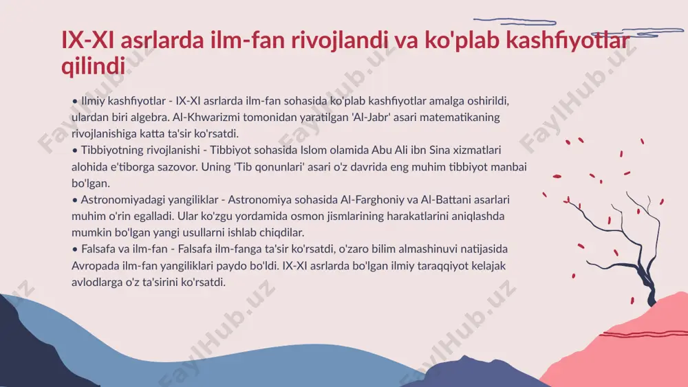 a asarlar, arxiv hujjatlari va arkeologik topilmalar bo'lishi mumkin. • o'tmishni anglash jarayoni - o'tmishni tushunish jarayoni tarixiy manbalarni to'g'ri tahlil qilishni talab qiladi. bu jarayonda haqiqiylikni saqlash muhimdir. • tarixiy kontekstning ahamiyati - har bir tarixiy manba o'z kontekstida o'rganilishi lozim. bu tushunishni chuqurlashtiradi va to'g'ri xulosalar chiqarishga yordam beradi. • manbalar va tarixiy tadqiqotlar - tarixiy manbalar tomonidan taqdim etilgan ma'lumotlar tadqiqotchilar tomonidan izchil o'rganiladi. bu jarayon o'tmishni yanada to'liq tasvirlashga yordam beradi. tarixiy manbalarni o'rganish orqali o'tmishni tushunish mumkin • geometrik naqshlarning o'rni - o'rta asrlar san'atida geometrik naqshlar muhim rol o'ynagan. bu naqshlar diniy va madaniy mazmunni ifodalashda foydalanilgan. • badiiy an'analar - geometrik naqshlar badiiy an'analar orqali avloddan-avlodga o'tgan. ular ilohiy, simvolik jihatlarni yansitadi. o'rta asrlar san'atida geometrik naqshlar keng tarqalgan • ilmiy rivojlanish - uyg'onish davrida tabiiy fanlar, astronomiya va san'at sohalarida katta rivojlanish kuzatildi. • mashhur olimlar - nikolaus kopernik va galiley galilei …