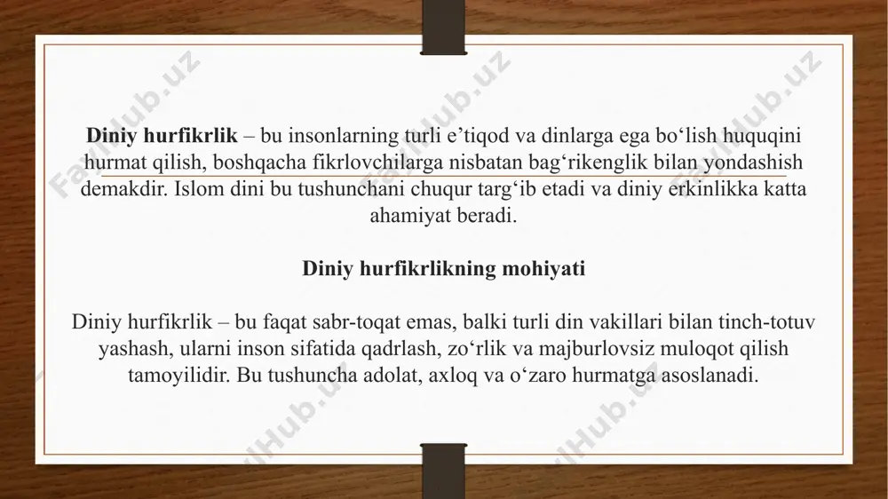 as, ularga zarar yetkazishmas edi. ular tinch aholini o‘ldirishmagan, bino va uy-joylardan hech birini vayron qilishmagan». islomda bag‘rikenglik masalasi juda muhim o‘rin tutadi. islom kishilarni birdamlikka, yaxshilikka, ahillikka chorlaydi. alloh taolo qur'oni karimning «hujurot» surasi 13-oyatida: “ey insonlar, men sizlarni har xil elatlar, xalqlar qildim, bir-birlaring bilan tanishinglar, ma'rifat hosil qilinglar deb”,-deya marhamat qiladi. darhaqiqat, islomda zo‘ravonlik, o‘zgaga zulm yetkazish yo‘q. hattoki insonlarni dinga zo‘rlik bilan chaqirish ham mumkin emas. berdyayev (nikolay berdyayev) va imom g‘azzoliy – ikki davr va ikki madaniyatga mansub mutafakkirlar bo‘lishlariga qaramay, ularning hurfikrlik (erkin tafakkur, e’tiqod erkinligi) haqidagi qarashlari qiziqarli qiyosiy tahlilga arziydi. quyida ular ning asosiy g‘oyalari va o‘xshash hamda farqli jihatlari tahlil qilinadi: berdyayevning hurfikrlik g‘oyalari berdyayev rus pravoslav mutafakkiri bo‘lib, inson erkinligi va shaxsiy tanlov huquqini eng oliy qadriyat deb bilgan. unga ko‘ra, dinga majburlash – bu haqiqiy imonni o‘ldirish bo‘lib, e’tiqod faqat erkin ruhiy tanlov orqali bo‘lishi kerak. berdyayev diniy dogmatizm, …