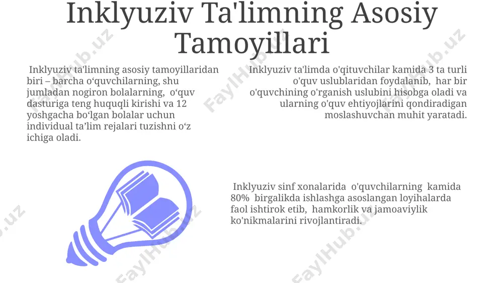 trategiyalar samarali bo'lishi mumkin. o'quv rejalarini moslashtirishda, kamida 3 ta o'quv uslubini (vizual, auditator, kinestetik) hisobga olish va har bir o'quvchi uchun individual yondashuvni ta'minlash muhimdir. differensialashgan o'qitish strategiyasini qo'llashda, o'quvchilarning 75% i uchun mo'ljallangan standart o'quv rejasi va 25% uchun individuallashtirilgan reja mavjud bo'lishi kerak. davlat siyosati va qo'llab-quvvatlash davlat tomonidan ta'lim muassasalariga qo'shimcha moliyaviy mablag'lar, shu jumladan, maxsus ehtiyojli bolalar uchun o'quv materiallari va texnologiyalarni sotib olish uchun 15% gacha ajratiladi. o'zbekiston respublikasining "ta'lim to'g'risida"gi qonuni inklyuziv ta'limni rivojlantirishga qaratilgan 20 dan ortiq moddalarni o'z ichiga oladi, bu esa davlatning bu sohaga bo'lgan jiddiy yondashuvini ko'rsatadi. 2023-yilga kelib, 1000 dan ortiq maktab inklyuziv ta'limga to'liq o'tdi, bu esa o'quvchilarning individual ehtiyojlariga javob beradigan inklyuziv ta'lim tizimini rivojlantirishga qaratilgan davlat dasturlarining samaradorligini ko'rsatadi. integratsiya va inklyuziv ta'limning mohiyati integratsiya va inklyuziv ta'lim samaradorligini baholashda o‘quvchilarning akademik yutuqlari bilan bir qatorda, ularning ijtimoiy moslashuvi va 10 balldan kamida 7 ball …