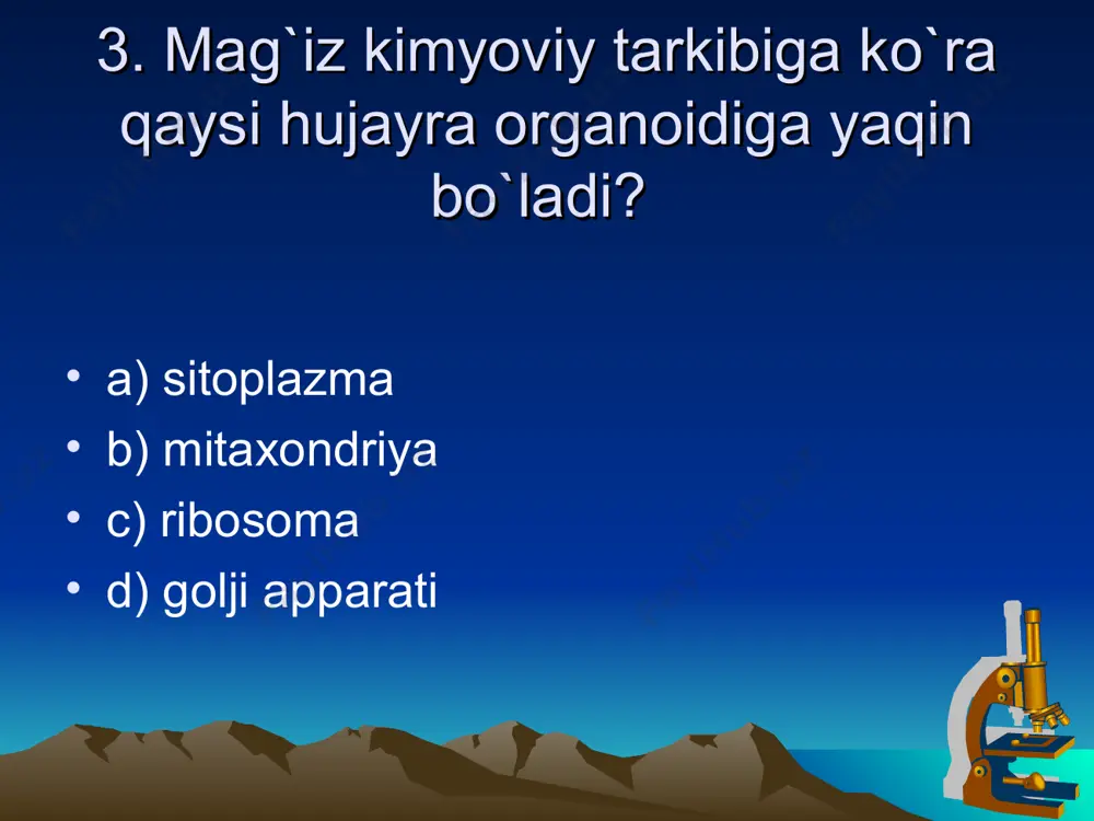 suli c) loviya d) lavlagi 37. kollenxima (1) va sklerenxima (2) hujayralarining farqini ko`rsating? a. tirik; b. o`lik; c. o`simliklarning harakatini ta’minlovchi a) 1 – a 2 – b b) 1 – b 2 – c s) 1 – c 2 – a d) 1 – c 2 – b 38. uchki va yon hosil qiluvchi to’qimalarga ajraladigan to’qimani aniqlang. a) jamg’aruvchi b) ajratuvchi s) mexanik d) hosil qiluvchi 39. asosiy (i) va mexanik (ii) to'qima xillarini ajrating. a. yog'ochlik tolalari; b. jamg'aruvchi; c.uchki; d. assimlyatsion; e. lub tolalari; g.yon a) i-b,e ii-a, e, b) i-b, d, ii-a,e s) i-a,d ii-e,g d) i-a,e ii-d,g 40. jamg’aruvchi to’qima asosan qaysi hujayralardan tashkil topgan? a) o’lik parenxima b) tirik parenxima c) o’simlikning bo’yiga o’sishini ta’minlaydigan tirik hujayralar d) qalin qobiqli, o’lik hujayralar 41. nima uchun po’kak o’zidan suv va gazlarni o’tkazmaydi? a) poyada og’izchalar bo’lmaganligi uchun b) qobig’iga murein moddasi shimilganligi uchun …