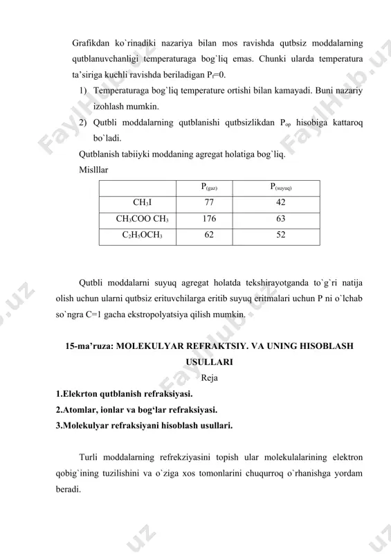 nilari” 2 ta molekulada 2 hil. refaraksiyadan faqat molekulalarning tuzilishigagina emas, ulardagi kimyoviy bog`larning tabiatini aniqlashda ham foydalanish mumkin. aytaylik co2 molekulasi c14 va 2o-2 ionidan tuzilgan bo`lsin: o-2=c14=o-2 . u holda r(co2) = 0.003412-9.8=19.76 bo`lishi kerak. tajribada 6.71 topilgan. demak bog`lar ionli emas, kovalent qutbli bog`lardir. referaksiyasi bog`ning mustahkamligidan dalolat beradi: referaksiya qanchalik katta bo`lsa, bog` shunchalik nomustahkam bo`ladi. referaksiya modda tuzilishini aniqlashda ham qo`l keldi. aytaylik analiz natijasida moddaning emperik formulasi c6h6 ga to`g`ri keldi. bunday tarkibga 1. divinilatsetilen – ch2=ch –c-ch=ch2, 2. benzol c2h2 to`g`ri kelishi mumkin. hisoblaymiz r(dva)=27.36. r(benzol)=26.37. r(tajriba)=26.19. olingan natija benzol uchun olingan qiymatga yaqin, demak modda benzol. keto – enol tautomeriyadagi har bir shakldagi moddaning molyar qismini topish: referaksiyaning ekzaltatsiyasi. ekzaltatsiya deb r=rtajriba – radd ga aytiladi. ekzaltatsiya konyugirlangan bog`li birikmalarda va kondensirlangan aromatic birikmalarda uchraydi. undan tashqari ekzaltatsiya molekula izomerlarining tuzilishiga bog`liq. agar qushbog`lar konyugirlanmagan bo`lsa, ekzaltatsiya bo`lmaydi. ekzaltatsiyaning sababi, elektronlarning molekula …