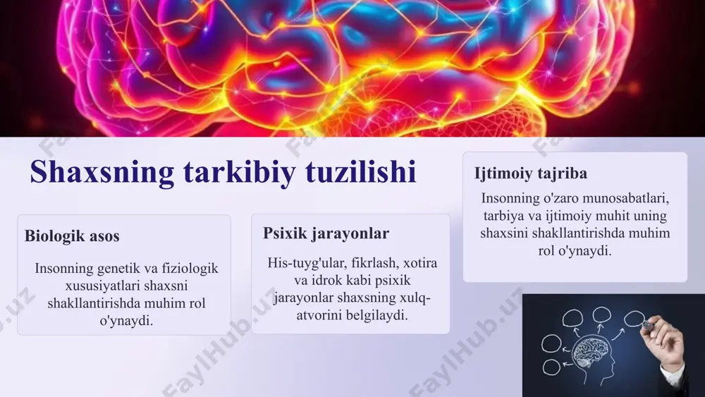 ik - ehtiyojlar, qiziqishlar, ideallar, e’tiqodlar, faoliyat va xulqning ustuvor motivlari hamda dunyoqarashlarda ifodalanadi. 2. bilimlar, ko‘nikmalar, malakalar, hayot va faoliyat jarayonida egallanadi. 3. individual tipologik xususiyatlar temperament, xarakter, qobiliyatlarda aks etadi. sobiq sovet psixologiyasida eng ko‘p tarqalgan shaxsning tuzilishiga oid materiallar bilan qisqacha tanishib o‘tamiz. s.l.rubinshteyn bo‘yicha shaxs quyidagi tuzilishga ega: i. yo‘nalganlik osttuzilishi shaxsning axloqiy qiyofasi va munosabatlarini birlashtiradi, undan harakatchanlik, barqarorlik, jadallik, ko‘lam (hajm) darajalarini farqlash lozim. ii. ijtimoiy tajriba osttuzilishi - ta’lim vositasida, shaxsiy tajribada egallangan bilimlar, ko‘nikmalar va odatlarni qamrab oladi. iii. psixologik aks ettirish shakllari osttuzilishi - ijtimoiy turmush jarayonida shakllanuvchi bilish jarayonlarining individual xususiyatlari. iv. biologik shartlangan osttuzilish - miya morfologik va fiziologik xususiyatlariga muayyan darajada bog‘liq bo‘lgan patologik o‘zgarishlarni, shaxsning yosh, jins xususiyatlarini va uning tipologik hosiyatlarini birlashtiradi. k.k.platonov ta’limotiga ko‘ra, shaxs tuzilishi quyidagi shaklga ega: psixoanaliz {psixo... va analiz) — psixoterapiya metodi va zigmund freyd tomonidan rivojlantirilgan psixologik taʼlimot. ongsiz psixik …