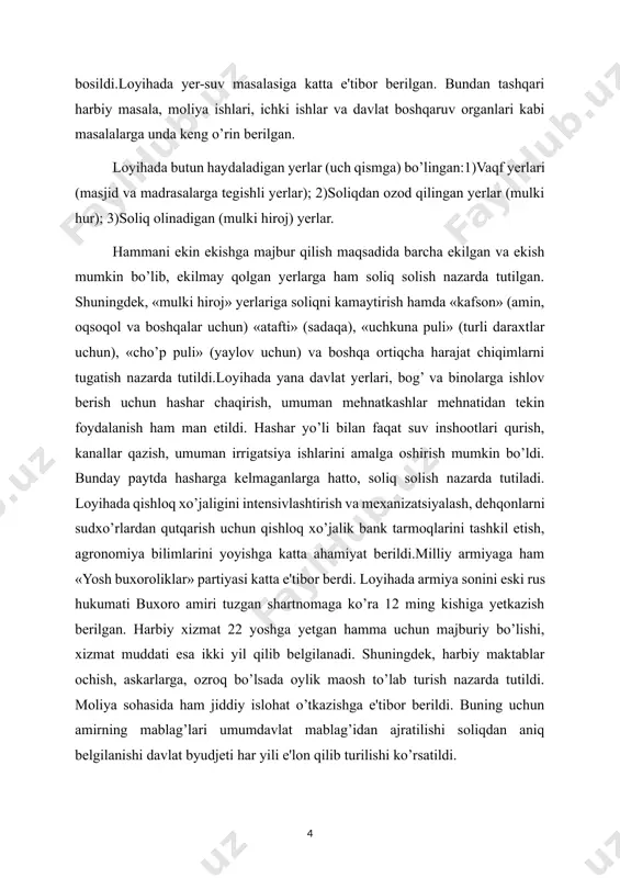 b belgilanadi. shuningdek, harbiy maktablar ochish, askarlarga, ozroq bo’lsada oylik maosh to’lab turish nazarda tutildi. moliya sohasida ham jiddiy islohat o’tkazishga e'tibor berildi. buning uchun amirning mablag’lari umumdavlat mablag’idan ajratilishi soliqdan aniq belgilanishi davlat byudjeti har yili e'lon qilib turilishi ko’rsatildi. 2.buxoroda amirlik tuzumining ag’darilishi va buxoro xalq sovet respublikasining tashkil etilishi. ijtimoiy-siyosiy harakat sifatida paydo bo‘lgan “yosh buxoroliklar” partiyasi 1910 yildayoq o‘zlarini alohida tashkilot sifatida e’lon qilgan edilar. buxorodagi jadidchilik harakatidan o‘sib chiqqan yosh buxoroliklarning faoliyati 1917 yilga kelib ancha kuchaygan edi. shu yilgi fevral inqilobi buxoro amirligiga ham ta’sir etmasdan qolmadi. mart oyining boshlarida yangi buxoro, termiz, chorjo‘y va karkida ishchi, soldat va dehqon sovetlari tuzildi. bunday sharoitda “yosh buxoroliklar” mavjud monarxiya tuzumi doirasida demokratik islohotlar o‘tkazish, konstitutsion monarxiyani o‘rnatish orqali amirning mutlaq hokimiyatini cheklab qo‘yish tarafdori bo‘ldilar demokratik kuchlarga tayangan “yosh buxoroliklar”ning qat’iy talablari asosida buxoro amiri sayyid olimxon 1917 yil 7 aprelda mamlakatda islohotlar o‘tkazish to‘g‘risida …