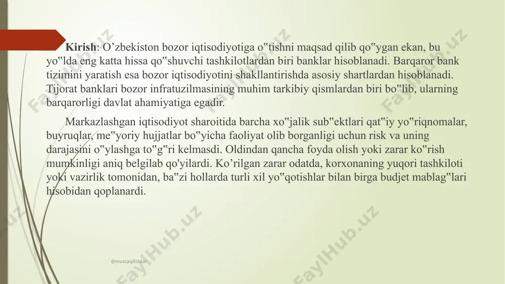 rda yuzaga kelsa, xususiy risklar esa bankning muayyan bir faoliyat turida yuzaga keladi. bank riski hisob xarakteri bo'yicha balans va balansdan tashqari operatsiyalar bo‟yicha risklarga bo‟linadi. ko’p hollarda balans operatsiyalari bo‟yicha kredit riski balansdan tashqariga o’tadi, masalan tashkilotning bankrotligi holati yuz berganda. bunday holatda muhim bo‟lib, u va bu faoliyatdan ko‟rilishi bo‟lgan zararni to‟g‟ri hisobga olish hisoblanadi . @mustaqilishlar foiz riskini boshqarishning asosiy tamoyili – bu aktivlarni barqarorlashtirish bo‟lib, undan so‟ng bank marjasi kengaytirish hisoblanadi. bankning foiz riskini boshqarish bo’yicha strategiyasi quyidagi qoidalarda o’z ifodasini topadi: 1 chorak, 1 yil yoki boshqa muddat aniqlanib olinadi; aktivlar va passivlar nisbati bo’yicha belgilab olingan optimal ish olib boriladi (summa bo’yicha, muddat bo‟yicha, narx va so‟ndirilishi bo‟yicha) foiz riskini boshqarish bo‟yicha statistik yoki dinamik yondashuv tanlab olinadi yoki bank ikkalasini ham kombinatsion ravishda olib boradi @mustaqilishlar tijorat banklari uchun foiz riskini oldini olish uchun quyidagilar zarur: foizlarni pul bozorining yangi shartlariga asosan o'rnatish …