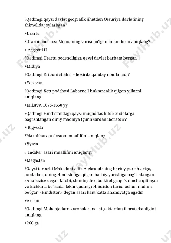 dshosi fillip ii yunonistonni bosib olish maqsadida dastlab qaysi hududni zabt etgan? +fessaliya ?makedoniya podshosi fillip ii qarshi kurashuvchi yunon shahar-davlatlari ittifoqining g’oyaviy rahbari kim edi? +demosfen ?makedoniyalik aleksandr qachon forslarga qarshi yurish boshladi? +mil.avv. 334-yil ? makedoniyalik aleksandr tomonidan kappadokiya qachon bosib olingan? + mil.avv. 333-yil ?miloddan avvalgi 327-yilda makedoniyalik aleksandr qaysi hududga bostirib kirdi? +shimoliy hindiston ?”buzoqchalar mamlakati” ma’nosini bildiruvchi mamlakarni aniqlang. +italiya ? “yunoniston va rim tarixida u bilmagan biron bir voqеani topish qiyin” ushbu fikrlar kim haqida? +mark portsiy katon ?“umumiy tarix”-asari muallifini aniqlang. +polibiy ?qadimgi rim shahrining tub aholisi qanday nomlangan? +patritsiy ?karfegen shahri qaysi davlat kolloniyasi bo’lgan? +karfagen ?pitekantrop odami dunyoning qaysi hududidan topilgan? +yava orolidan ? qadimgi misrda 13-sulola nechinchi yillarda hukmronlik qilgan? + miloddan avvalgi. 1789-1645yillar ?qadimgi qaysi asarning arabcha tarjimasi “kalila va dimna” deb ataladi? +panchatantra ? «karfagеnni vayron qilish kеrak» jumlasi kimga tegishli ? + mark katon ? miloddan avvalgi …