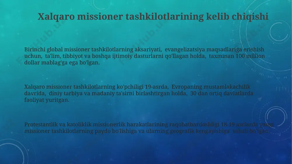 oshiriladi. xalqaro missioner tashkilotlarga qarshi kurash va ularning ta'siri ba'zi missioner tashkilotlarning yashirin mablag' ajratish sxemalari orqali 1 milliard aqsh dollaridan ko'proq mablag' yig'ilgani va bu mablag'larning bir qismi noqonuniy faoliyatlarga sarflangani aniqlandi. xalqaro missioner tashkilotlarning ta'siri natijasida 2022 yilda 5 dan ortiq mamlakatda mahalliy madaniy an'analarga qarshi 100 dan ortiq ommaviy norozilik namoyishlari bo'lib o'tdi. missionerlarning faoliyati natijasida diniy ekstremizm va radikalizmning tarqalishi kuchayib, 2023 yilda 30% ga oshdi, bu esa ijtimoiy barqarorlikka tahdid soladi. missionerlik faoliyatining asosiy usullari ayrim missionerlik tashkilotlari tibbiy yordam, ta'lim va iqtisodiy rivojlantirish kabi dasturlar orqali 30% dan ortiq aholini qamrab oladigan keng ko'lamli ijtimoiy loyihalarni amalga oshiradilar. missionerlik faoliyatining samarali usullaridan biri, 20 dan ortiq tillarda nashr etilgan diniy adabiyotlar va multimedia resurslaridan foydalanish orqali xalqaro hamjamiyatga tarqatilishi hisoblanadi. missionerlar jamoatchilikka ta'sir o'tkazish uchun, o'rtacha 5-10 kishidan iborat kichik guruhlarda uyma-uy yoki jamoat tadbirlarida shaxsiy munosabatlarni quradilar. e'tiboringiz uchun rahmat @taqdimot_robot image3.png