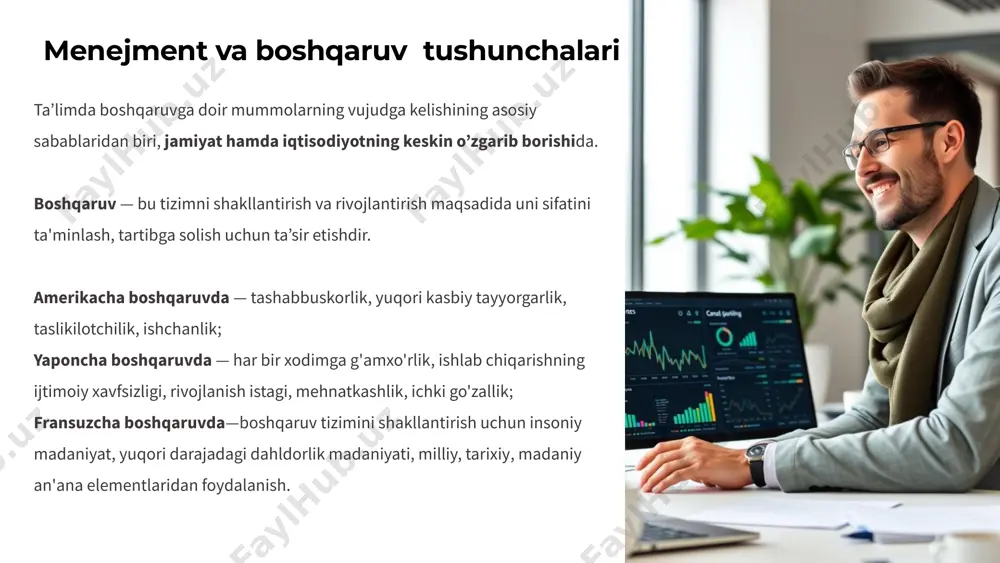 a erishish uchun aniq rejalarni ishlab chiqish va amalga oshirish. 7 boshqaruv uslublari 1 avtoritar uslub rahbarning buyruq va ko'rsatmalariga asoslangan uslub. 2 demokratik uslub jamoa a'zolarining fikrlari va takliflarini hisobga olib, birgalikda qarorlar qabul qilishga asoslangan uslub. 3 liberal uslub rahbarning o'z vazifalarini jamoa a'zolariga topshirishga asoslangan uslub. 8 boshqaruv algoritmi 1 rejalashtirish maqsadli natijalarga erishish uchun vazifalarni aniqlash va rejalashtirish. 2 tashkil etish vazifalarni bajarish uchun resurslarni taqsimlash va jamoa a'zolarini tayinlash. 3 yo'naltirish jamoa a'zolarini vazifalarni bajarishda yo'naltirish va qo'llab-quvvatlash. 4 nazorat vazifalarning bajarilishini kuzatish va nazorat qilish, natijalarni baholash. 9 strategik reja - bu ta’lim muassasasining raqobatbardoshligini oshirish uchun asosiy narsaga qaratilgan qisqa hujjat. strategik rejada ma’muriyat va xodimlar, potentsial investorlar, hokimiyat va jamoatchilik uchun kelajakni ko’rishni hisobga olgan holda tezkor qarorlar qabul qilishda yo‘l-yo‘riq ko‘rsatadigan g‘oyalar mavjud. strategik reja boshqa turdagi rejalarni bekor qilmaydi yoki almashtirmaydi, u faqat ta’lim muassasasi uchun eng muhim, ustuvor yo‘nalishlarda …