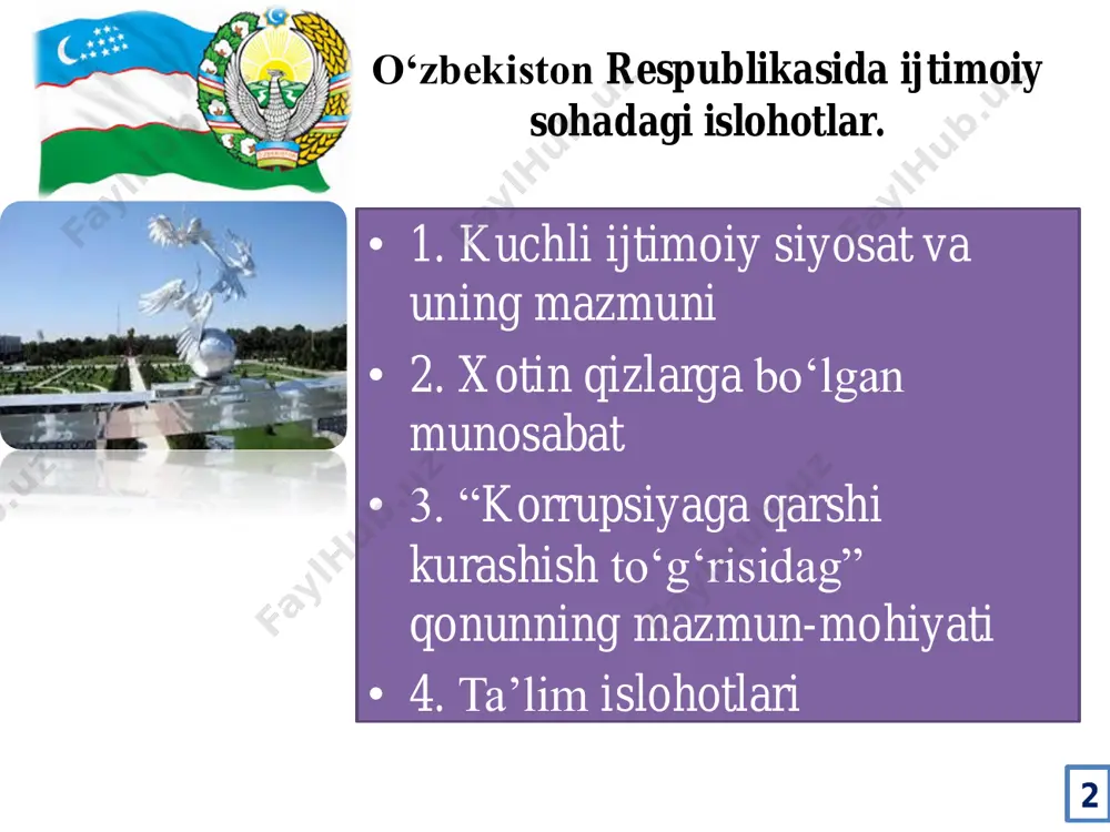 sqichma- bosqichligi; аholining yashash darajasini keskin tushib ketishiga yo‘l qo‘ymaslik;. eng muhim oziq-ovqat mahsulotlari turlarini belgilangan narxlarda sotilishini taʼminlash; mahsulot, xizmat va uy-joyning kuchli ichki isteʼmol bozorini shakllantirish;; аholining to‘lov talablarini keng miqyosda qondirish va uning o‘sishini taʼminlash; respublikada ijtimoiy siyosatning o‘ziga xos xususiyatlari mavjud bo‘lib, ular quyidagilardan iboratdir: mahalliy o‘zini o‘zi boshqarish idoralari mahallalar orqali aholiga aniq manzilli ijtimoiy yordam ko‘rsatish; ijtimoiy sohani(sog‘liqni saqlash, taʼlim, jismoniy tarbiya, sport va madaniyat) o’zbek modeli o‘tish davrining o‘zbekiston respublikasining birinchi prezidenti islom karimov tomonidan ishlab chiqilgan, jahonda “o‘zbek modeli” deb nom qozongan beshta tamoyilning to‘rtinchisi aynan aholining murakkab demografik tarkibini hisobga olgan holda kuchli ijtimoiy siyosat yuritishdan iborat qilib belgilangan edi. hatto mamlakatimizda amalga oshirilgan islohotlar mohiyati xalqaro ekspertlar tarafidan aynan “ijtimoiy yo‘naltirilgan bozor iqtisodiyotiga o‘tish” deb ham nomlandi. bu bejiz emas edi. respublikamizda xotin - qizlar жами: 17 млн.га яқин 16-30 ёшлилар 4млн 274 минг нафар 31-54 ёшлилар 5 млн.275 минг …