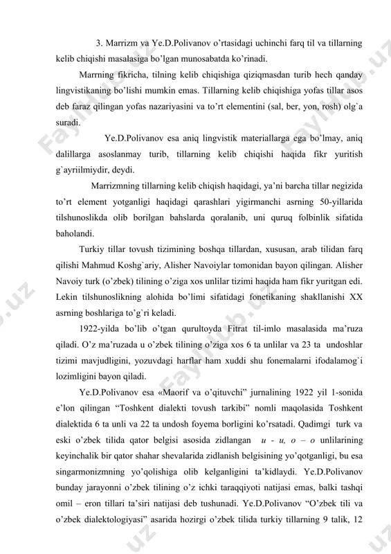 o’rsatadi. qadimgi turk va eski o’zbek tilida qator belgisi asosida zidlangan u - u, o – o unlilarining keyinchalik bir qator shahar shevalarida zidlanish belgisining yo’qotganligi, bu esa singarmonizmning yo’qolishiga olib kelganligini ta’kidlaydi. ye.d.polivanov bunday jarayonni o’zbek tilining o’z ichki taraqqiyoti natijasi emas, balki tashqi omil – eron tillari ta’siri natijasi deb tushunadi. ye.d.polivanov “o’zbek tili va o’zbek dialektologiyasi” asarida hozirgi o’zbek tilida turkiy tillarning 9 talik, 12 talik unlilar tizimidan, shuningdek, 9 talik eski o’zbek tili unlilar tizimidan qanday qilib oltitalik unlilar tizimi paydo bo’lganligini konvergensiya va divergensiya hodisalari asosida ilmiy jihatdan asoslab berdi. тoshkent dialektidan boshqa barcha o’zbek shevalarida 8-9 talik unlilar tizimi amal qilib kelayotganligi, bu esa singormanizm qonuniyatining palatal garmoniyasi ta’siri ekanligi, 6 talik unlilar tizimi esa ana shu singarmonizm qonuniyatidan xalos bo’lishning natijasi ekanligini bayon qiladi. 1940-yillarning oxiridan boshlab hozirgi o’zbek adabiy tilining izchil kursini yaratishga harakat boshlandi. mulliflar guruhi belgilanib, tadqiqot natijalari alohida-alohida risolalar …
