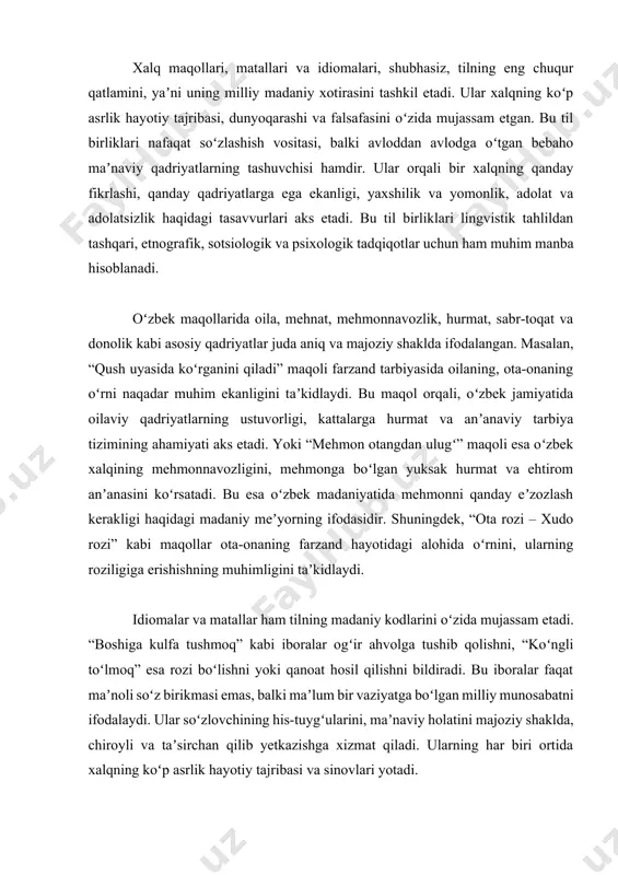 n milliy munosabatni ifodalaydi. ular soʻzlovchining his-tuygʻularini, maʼnaviy holatini majoziy shaklda, chiroyli va taʼsirchan qilib yetkazishga xizmat qiladi. ularning har biri ortida xalqning koʻp asrlik hayotiy tajribasi va sinovlari yotadi. biroq, zamonaviy globalizatsiya jarayoni va yangi texnologiyalar taʼsiri ostida bu til boyliklarining ishlatilishi tobora kamayib bormoqda. yoshlarning kundalik nutqida maqol va iboralarning oʻrnini xorijiy soʻzlar, slanglar va jargonlar egallamoqda. bu esa milliy til va madaniyat oʻrtasidagi aloqaning zaiflashishiga olib kelishi mumkin. shu sababli, maqol va iboralarni, matallarni nafaqat lugʻatlarda saqlab qolish, balki ularni doimiy ravishda targʻib qilish, ularning maʼnosini tushuntirish va kundalik muloqotga qaytarish dolzarb masaladir. til va dinning oʻzaro aloqasi juda qadimiy va chuqur tarixga ega boʻlib, ular bir-birini doimiy ravishda boyitib kelgan. din, til orqali tarqaladi va oʻzining muqaddas gʻoyalarini yetkazadi, til esa, oʻz navbatida, diniy tushunchalar va atamalarni oʻziga singdirib, yangi maʼnolar va soʻzlar bilan boyiydi. oʻzbek tilining rivojlanishida islom dinining taʼsiri juda katta boʻlgan va bu …