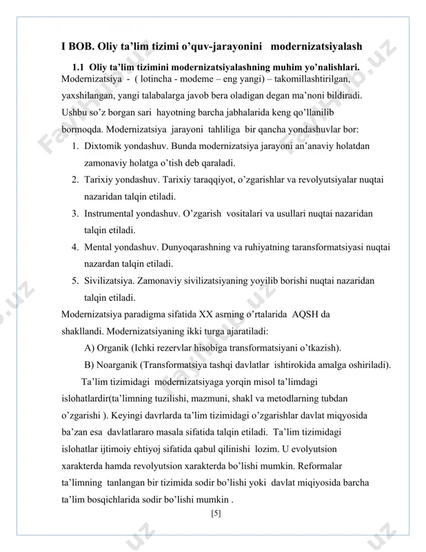 niqlangan. 2005 yil ushbu jarayonni tanqidiy o’rganishga kirishilgangan va “chernaya kniga bolonskogo protsessa” degan ma’lumotnomani taqdim etildi. unda kredit tizimini samarasiga va magistraturada o’qish uchun katta mablag’ talab etilayotgani, talalarga yetarli darajada erkinlik berilmayotganligi va haddan tashqari mehnat bozoriga spetsializatsiya qilinayotganligi haqida yozilgan. ijobiy jihatlari: 1. baloniya jarayoniga qo’shilish talabalar va pedagoglarning mobil harakatini ta’minlaydi. talablar bilan almashish kengayadi. 2. ish bilan ta’minlanish darajasi kengayadi. zamonaviy pedagogik texnologiyalarni bir necha turga bo’lish mumkin: 1. muammoli ta’lim texnologiyalari. 2. didaktik- o’yinlarga asoslangan texnologiyalar. 3. hamkorlik texnologiyalari. 4. modulli texnologiyalar. mudulli texnologiyalar- eng zamonaviy texnologiya bo’lib, modul bloklaridan tashkil topgan axborotni tizimli ravishda qayta ishlash va tahlil qilishga, talabaning mustaqil faoliyatiga asoslangan, b.k.m. diagnostikasida turli shakllaridan foydalangan holda tashkil etiluvchi yaxlit jarayon. modul - mazmuniy va mantiqiy yakunga ega bo’lgan, didaktik jihatdan ishlab chiqilgan, natijaga qaratilgan, kirish va chiqish nazoratlaridan iborat bo’lgan birlikdir. modul dastur- bir fan doirasidagi modul bloklarining yig’indisi bo’lib, …