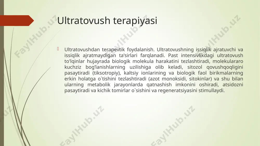 g’im menisklari va suyak usti pardasi- elastikligini oshiradi va fiziologik kuchlanishni kengaytiradi. to'qimalarning isishi boylam va paylarning termo-mexanik sezuvchan tuzulmalarini funksional xususiyatini modulyatsiya qiladi, fantom og'riqlarni susaytiradi va mushaklarning spazmini kamaytirishga yordam beradi. qon tomirlarining mahalliy kengayishi tufayli mikrosirkulyar oqimda zaif tomirlangan to'qimalarda qon oqimi(2-3 marta) oshadi, ularning kislorodga to’yinish darajasi oshadi va metabolizmning intensivligi kuchayadi, bu esa biriktiruvchi to'qimalarining o'sishiga olib keladi. qo'llash mumkin bo'lmagan holatlar. yomon sifatli o’smalar, faol fazadagi o'pka sil kasalligi, yurak ishemik kasalligi, zo’riqish stenokardiyasi iii fs, gipotenziya, vegeto tomir disfunktsiyasi, homiladorlikning erta davrlari (qorinning pastki 1/3 qismini nurlantirishda), tromboflebit, ta'sir sohasida sun'iy ritm boshqaruvchi mavjudligi. davo samarasi. reparativ-regenerativ, fibromodulyatsiyalovchi, katabolik (past-intensiv ultratovush terapiyasi), spazmolitik, defibrozlovchi, bakteriostatik (yuqori intensiv ultratovush terapiyasi) ta’sir ko’rsatadi. ko’rsatma. bo`g`imlarning (kuchli og'riq sindromi bilan) travmatik va degenerativ-distrofik kasalliklari (artrit, chiqishlar, osteoartroz, periartrit, epikondilit), ichki organlarning kasalliklari (surunkali bronxit, plevrit, o`t yo`llarining diskineziyasi), mushaklarning uzilishi, periferik nervlarning yallig'lanish kasalliklari (neyropatiyalar),siydik yo`llari …