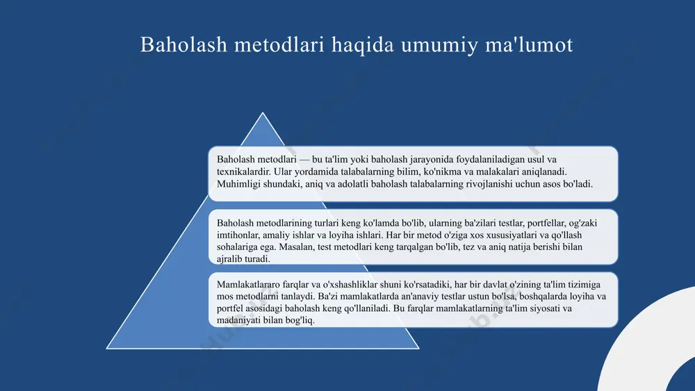 a va tavsiyalar samarali baholash uchun aniq maqsadlar va mezonlarni belgilash muhim. xalqaro tajribalarni o'rganish va o'zbekiston ta'lim tizimiga tatbiq etish zarur. formativ baholash, portfel metodlari kabi muvaffaqiyatli xalqaro metodlardan foydalanish tavsiya etiladi. raqobatbardosh va shaffof baholash usullarini qo'llash, o'qituvchilarning malakasini oshirish va texnologiyadan foydalanishni kengaytirish tavsiya etiladi. baholash jarayonining asosiy tushunchalari baholash jarayoni – ma'lumotlarni tizimli yig'ish, tahlil qilish va baholash orqali natijalarni aniqlash va qarorlar qabul qilish jarayonidir. bu jarayon maqsadni belgilashdan boshlanadi, undan so'ng baholash usullarini tanlash, ma'lumotlarni yig'ish va ularni tahlil qilish bosqichlari keladi. har bir bosqichda ob'ektivlik va sifatni oshirish muhimdir. bu tushunchalar baholashning samarali va to'g'ri amalga oshirilishini ta'minlaydi. baholash tamoyillari o'zaro bog'liqlik tamoyili baholash jarayonida barcha elementlarning bir-biri bilan uzviy bog'liqligini ta'minlashga qaratilgan. bu tamoyilga ko'ra, baholash natijalari barcha mezonlar va shartlarga muvofiq bo'lishi, baholash jarayonining izchil va uzluksiz o'tishi muhimdir. misol uchun, o'qituvchilar va baholovchilar baholashda muvofiqlikni ta'minlash uchun standartlashtirilgan baholash mezonlaridan …
