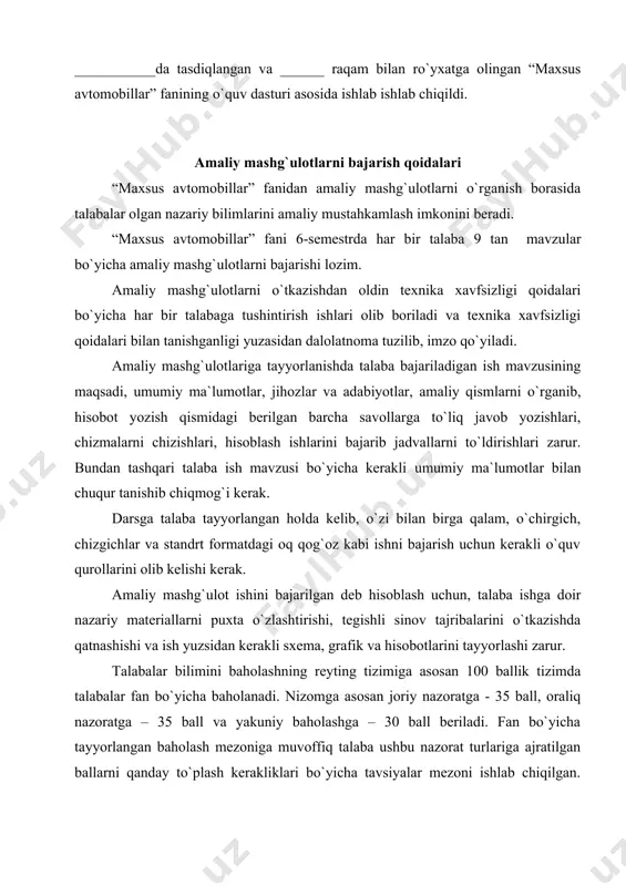 da maxsus transportlarning o`rni va qo`llanish tarmoqlari, bajariladigan ishlariga ko`ra maxsus avtomobillarning tasniflanishi. ishchi avtomobillar dexqonchilik ishlarini yengillashtirish maqsadida yaratilgan. ammo keyinchalik ular takomillashib borganlar va inson mehnatini yengillashtiruvchi vosita sifatida boshqa sohalarga ham qistov bilan kirib borganlar. bugungi kunda avtomobillardan foydala nmaydigan xalq xo`jaligining birorta tarmog`i mavjud emas. qishloq xo`jaligi ishlarida: yerni ekish uchun tayyorlashdan tortib, dexqonchilik mahsulotlarini yig`ib olishgacha bo`lgan hamda ularni kerakli joyga eltishgacha bo`lgan barcha jarayonlarni bugungi kunda avtomobillarsiz tasavur qilib bo`lmaydi. o`rmon xo`jaligida. daraxtlarni ag`darish ishlarini, ularni tartibli taxlash va kerakli manzilga yetkazish ishlari avtomobillar zimmasidadir. o`rmon sanoatida. yangi o`rmon maydonlari vujudga keltirish, kesilgan yog`och xomoshyosini tartibli taxlash, yarim fabrikat holatiga keltirish, transportlash ishlari va hokazo. yo`l qurish va umum qurilish sanoat ishlarida. yer relifini to`g`rilash, tekislash va zichlashtirish ishlari, qurilish qatlamlarini qazish, zavodlarda zavod ichki ishlarini bajarish va h.k. iii. jihozlar va adabiyotlar: 1. ko`rgazmali vositalar (plakatlar, elektron darsliklar). 2. uslubiy ko’rsatma. iv. amaliy …