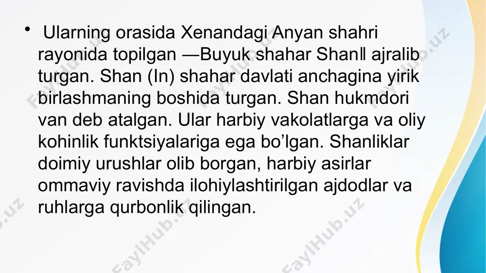 xluqlarning tasvirlari bilan bezaganlar. xitoyda me’morchilik me'morchilik qadimgi xitoy sanatining bir turidir. uning kelib chiqishi xitoy tarixining uzoq òtmishiga borib taqaladi. me’morlar ajoyib saroylar, ibodatxonalar, ma’muriy binolar va harbiy istehkomlar qurganlar. xitoyning qadimgi xao sanyan, dalyan, tn, shouchun, chanan kabi yirik shaharlarida kòpdan kòp saroylar, ibodatxonalar bòlganki, uni xitoylik ustalar ishlaganlar qadimgi xitoy adabiyoti eng qadimgi xitoy she’riyati namunalari m.a. xi-vi asrlarda jez ko’zalardagi yozuvlarda yetib kelgan. ―qo’shiqlar kitobi‖ qadimgi xitoy adabiyotining haqiqiy xazinasidir. bu yodgorlik 4 bo’limga bo’lingan («podsholik ahloqi», «kichik odalar», «buyuk odalar», «madhiyalar») 305 poetik asarlar majmuasidan iborat. musiqa, poeziya va raqs kabi san’at janrlari xitoyda yuqori darajada shakllangan xitoyda ilmiy bilimlar rivoji qadimgi xitoyda ilmiy bilimlar, ayniqsa, matematika rivojlangan. m.a. ii asrda to’qqiz kitobdan iborat «matematika» traktati tuzildi. matematika bilan yonma-yon astronomiya fani ham rivojlandi. m.a. 104-yilda bir yil 365,25 kunga tengligi hisoblab chiqildi va kalendar ishlab chiqildi. qadimgi xitoyda tibbiyot sohasida katta yutuqlarga erishildi. m.a. …