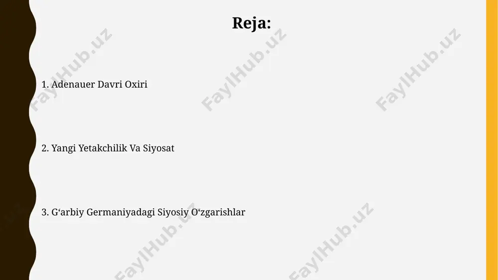 , tadbirkorlik faoliyatini rag'batlantirishga qaratilgan bo'lib, 1960-yillarning boshlarida g'arbiy germaniyada ishsizlik darajasini 1% dan pastga tushirdi, bu esa mamlakatning ijtimoiy ahvolini yaxshilashga hissa qo'shdi. gʻarbiy germaniyaning natodagi roli 1960-yillarning boshlarida g'arbiy germaniya natoning yadroviy strategiyasida muhim rol o'ynab, aqshning 150 dan ortiq yadro qurollarini o'z hududida joylashtirishga rozilik berdi. bundesverdagi (g'arbiy germaniya parlamenti) muhokamalar davomida, 1963-yilga kelib, g'arbiy germaniya nato doirasida 400 000 dan ortiq askardan iborat qurolli kuchlarni saqlab qoldi va evropadagi ittifoqning himoyasida muhim hissa qo'shdi. 1960-yillardagi ijtimoiy-iqtisodiy vaziyat 1960-yillarning boshlarida gʻarbiy germaniyada yalpi ichki mahsulotning yillik oʻsish sur’ati 5-7% atrofida boʻlib, bu mamlakatning tezda iqtisodiy tiklanishini koʻrsatdi, ayniqsa ruhr vodiysi kabi sanoat markazlarida. gʻarbiy germaniya 1960-yillarda "wirtschaftswunder" ("iqtisodiy moʻjiza") davrini boshdan kechirdi, ammo bu oʻsish taqsimlanishida tengsizliklar mavjud edi va munosabatlarda sinfiy farqlar saqlanib qoldi. xristian-demokratik ittifoq ichidagi kurash 1960-yillarning boshlarida, cdu/csu ichidagi kuchli raqobat, ayniqsa, bavariya va shimoliy reyn-vestfaliya yerlari o'rtasida, partiya rahbarligi uchun keskin kurashga …