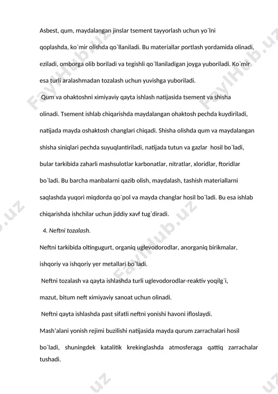 ik ishlab chiqarish korxonalarida atmosferaga ajralib chiqadigan doza o`n barobar yuqori bo`ladi. sulfat kislotani maydalangan fosfat rudasi bilan qayta ishlash natijasida superfosfat o`g`itlar olinadi. natijada atmosferaga vodorod ftorid va boshqa ftortarkibli gazlar ajralib chiqadi. bundan tashqari g`ishtni pechda kuydirish natijasida ftor bulutlari ajralib chiqadi. qog`oz va tsellyo’loza sanoatida havoga vodorod sulfid va merkaptanlar ajralib chiqadi. maydalangan yog`och reaktorda neytral sulfit yoki ishqor reagenti bilan qayta ishlanadi. neytral sulfitda natriy sulfat va biokarbonat bufer aralashmasi, ishqoriy reagentda natriy sulfit bilan gidrooksid aralashmasi bo`ladi. bundan tashqari qog`oz tsellyo’loza sanoatida apilka qirindisi va ildizlarni kuydirish natijasida tutun hosil bo`ladi. lak sanoatida asosan smola ishlab chiqarishda atmosferaga uglevodorodlar aralashmasi ajralib chiqadi. yuzani buyash natijasida erituvchi bug`lari ajralib chiqadi, bu esa zaharlanishga olib keladi. adabiyotlar 1. азизов қ.х. ҳаракат хавфсизлигини ташкил этиш асослари. -т.: ёзувчи, 2002.-182 б. 2. азизов қ.х. йўлларда хавфсиз ҳаракатланиш асослари.- т.: ёзувчи, 2005.-72 3. клинковштейн г.и., афанасьев м.б. организация дорожного движения. …