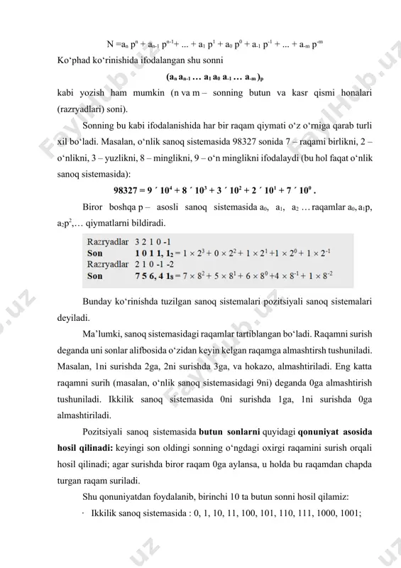 21, 22, 100; · beshlik sanoq sistemasida : 0, 1, 2, 3, 4, 10, 11, 12, 13, 14; · sakkizlik sanoq sistemasida : 0, 1, 2, 3, 4, 5, 6, 7, 10, 11. pozitsion sanoq sistemasi o‘zining qulayligi bilan hayotda keng qo‘llanilmoqda. boshqa usulda tuziladigan sanoq sistemalari ham mavjud. ular pozitsiyaga bog‘liq bo‘lmagan sanoq sistemalari deyiladi. masalan rim raqamlari. mazkur sistemada maxsus belgilar to‘plami kiritilgan bo‘lib, ixtiyoriy son shu belgilar ketma-ketligidan iborat bo‘ladi. rim sanoq sistemasida bir (1) besh (5) o‘n (10) ellik (50) yuz (100) besh yuz (500) ming (1000) – – – – – – – i belgi bilan; v belgi bilan; x belgi bilan; l belgi bilan; c belgi bilan; d belgi bilan; m bilan belgilanadi. bu belgilar va ularning kombinatsiyasi yordamida turli sonlarni hosil qilinadi. masalan, 1 dan 3 gacha - i, ii, iii kabi, to‘rt (4) – iv , 5 – v tarzida ifodalanadi. bu …