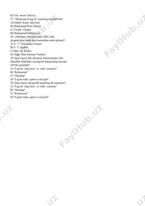esh:tashqi tartib, ichki tartib, ma’no tartibi (semantik prinsip), grammatik, shakliy 19. tashqi tartib bu...? a) so’zning (yoki maqola nomining) birinchi harfidan keyingi (ikkinchi, uchinchi va h.k.) harflariga — shu harflarning alifbodagi o’rniga qarab belgilanadi. bu tartibga birinchi harfi bir xil bo’lgan so’zlarni joylashtirishda amal qilinadi b) omonim yoki polisemantik so‘zlarni (yoxud omonim birikmalarni) joylashtirishda ishlatiladi c) so’zning (yoki maqola nomining) birinchi harfiga — shu harfning alifbodagi o’rniga qarab belgilanadi d) so'zning kam yoki ko'p harfdan iboratligiga qaraladi 20. ichki tartib bu...? a) so’zning (yoki maqola nomining) birinchi harfiga — shu harfning alifbodagi o’rniga qarab belgilanadi b) omonim yoki polisemantik so‘zlarni (yoxud omonim birikmalarni) joylashtirishda ishlatiladi = so’zning (yoki maqola nomining) birinchi harfidan keyingi (ikkinchi, uchinchi va h.k.) harflariga — shu harflarning alifbodagi o’rniga qarab belgilanadi. bu tartibga birinchi harfi bir xil bo’lgan so’zlarni joylashtirishda amal qilinadi ~ so'zning kam yoki ko'p harfdan iboratligiga qaraladi 21. ma'no tartibi bu...? a) omonim …