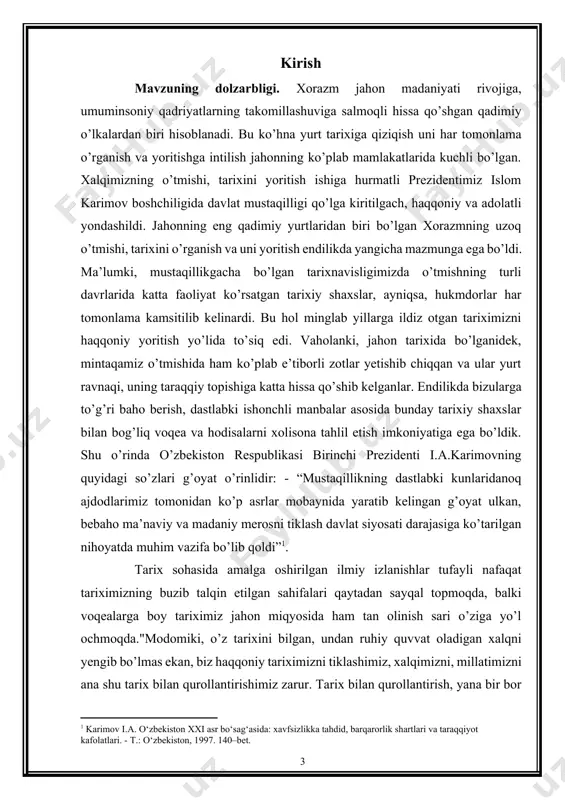 ortib bormoqda.zero,davlatchilik asoslari va ular yutitgan boshqaruv diqqatga sazovor hisoblanadi. mavzuning o’rganilish darajasi. tarix, tarixiy haqiqat va uni ilmiy jihatdan xolislik asosida o’rganish, ayniqsa uni yosh avlodga yetkazib berish bugungi tarix fani oldida turgan eng dolzarb masalalardan biridir. o’zbekistonning bir necha ming yillarga borib taqaladigan qadimiy tarixi, uning davlatchilik masalalari, ajdodlarimizning moddiy va ma’naviy merosi, o’zbek xalqining shakllanishi va etnik jarayonlar va boshqa ko’plab tariximizga taalluqli jihatlariga oid minglab nodir qo’lyozmalar va boshqa manbalar yaratilgan. xorazmda shakllangan o’zbek tarixnavislik maktabi, ayniqsa, xviii-xix asrlarda yuksaklikka ko’tarilgan. bu yerda birin-ketin buyuk o’zbek tarixnavislari – munis, ogahiy va bayoniylarning jahon tarixnavisligida “xorazm salnomalari” nomini olgan qimmatli asarlari vujudga keladi. bu tarixiy asarlarda xiva xonligining xalqaro munosabatlari, ichki va tashqi siyosati va xonlikning qo’shini, harbiy va mudofaa tizimi haqida qimmatli ma’lumotlar berilgan. ushbu fikr va mulohazalardan kelib chiqib aytish mumkinki, boy o’tmishning to’la yoritilmagan mo’jaz bir qismi – xiva xonligining xvi-xix asrlardagi harbiy va …