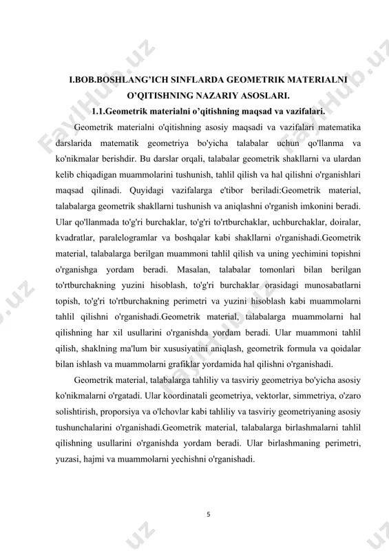 i tushunish, muammolarni tahlil qilish, tahliliy va tasviriy geometriya, birlashmalarni tahlil qilish va muammolarni hal qilish qobiliyatlarini oshirishlari kutiladi. geometrik materialni o'qitishning maqsadi va vazifalari matematikada geometriyaning o'rganilishi va tushunilishi bo'yicha talabalar uchun qo'llanma va ko'nikmalarni taqdim etishdir. uning asosiy maqsadlari va vazifalari quyidagilar bo'lishi mumkin.geometrik material, talabalarga geometrik tushunchalarni tashkil etishga yordam beradi. ular to'g'ri burchaklar, to'g'ri to'rtburchaklar, uchburchaklar, doiralar, kvadratlar, paralelogramlar kabi shakllarni o'rganishda yordam beradi. bu shakllarni tushunish talabalarga geometrik dunyo bilan bog'liq muammolarni tahlil qilishga imkon beradi.geometrik material, talabalarga berilgan muammolarni tahlil qilish va ularni yechishning usullarini o'rganishga yordam beradi. masalan, to'g'ri burchaklar orasidagi munosabatlarni topish, shaklning yuzini hisoblash, burchaklar, tomonlar, perimetr va yuzlar bilan bog'liq bo'lgan muammolarni hal qilishni o'rganishda yordam beradi.geometrik material, talabalarga geometrik qoidalar va formulalarni o'rganish imkonini beradi. ular qoida va formulalarni foydalanish orqali muammolarni hal qilish va hisoblash jarayonlarini tushunishga yordam beradi. misol uchun, to'g'ri burchaklar, to'g'ri to'rtburchaklar, doiralar, uchburchaklar uchun …