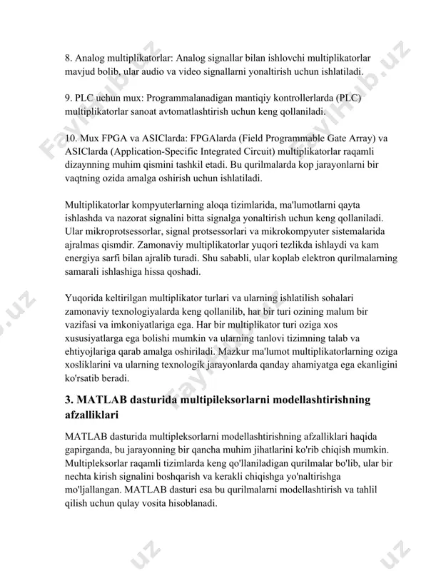 beradi. matlab ning integratsiyalangan vositalari yordamida foydalanuvchilar multipleksorlarning ishlashini tahlil qilishda va optimallashtirishda katta yutuqlarga erishishlari mumkin. bundan tashqari, matlab platformasi yordamida foydalanuvchilar real vaqt rejimida simulyatsiyalar o'tkazishlari mumkin, bu esa loyihaning dastlabki bosqichlaridan boshlab to ishlab chiqarishgacha bo'lgan jarayonlarni aniq rejalashtirish imkonini beradi. ushbu simulyatsiya muhiti foydalanuvchilarga xarajatlarni kamaytirish va tizimning ishlashini real muhit sharoitida sinab ko'rishga yordam beradi. yana bir muhim afzallik bu matlab da multipleksorlar va boshqa raqamli qurilmalarning tahlilini osonlashtirish. matlab ning qudratli analiz vositalari yordamida foydalanuvchilar signal tahlili va sistemalar xatti-harakatlarini chuqurroq o'rganishlari mumkin. matlab ning raqamli signallar va algebraik hisoblar bilan ishlashdagi yuqori imkoniyatlari multipleksorlarning ishlashini tahlil qilishda katta yordam beradi. matlab dasturida multipleksorlarni modellashtirishda yana bir katta afzallik bu dasturning keng muvofiqlik imkoniyatlaridir. matlab turli xil apparat va dasturiy ta'minot bilan integratsiya qilish uchun qulay interfeyslarga ega, bu esa foydalanuvchilarga multipleksorlarni real qurilmalar bilan birgalikda sinovdan o'tkazish imkonini beradi. bu orqali loyihaning muvaffaqiyatli …