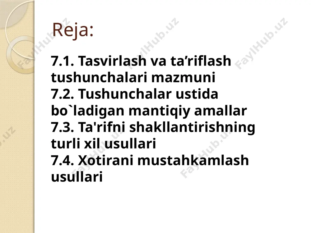 ida umumiy belgiga ega predmetlarning sinfi haqida fikr yuritiladi. stipulativ (shartli) tasvirlash shartli ta'rif, atama mavjud bo'lgan ma'noga ega bo'lishidan qat'i nazar, atamaga yangi ma'no berish uchun ishlatiladi. agar shartli ta'rif qabul qilingan bo'lsa, unda atama belgilangan yangi usulda qo'llaniladi. predmet belgilariga ko’ra turlari 7.3. ta'rifni shakllantirishning turli xil usullari sinonimik ta'rif sinonimik ta'rifda so'z (yoki qisqa muddatli) aniq bir xil ma'noga ega bo'lgan boshqa atamani berish bilan aniqlanadi - masalan, shifokorlar = doktorlar, advokat = huquqiy himoyachi, yaxshilanish = takomillashtirish va prognozlash = bashorat qilish. 7.3.2. ostensiya bo'yicha ta'rif ostentsial ta'rif, biz qizil narsaning misollarini ko'rsatib, bolalarga qizil rangni tushuntirganimiz kabi, atama ma'nosini misollar keltirish bilan izohlaydi. yoki kimdir professionalni "shifokorlar, advokatlar va buxgalterlar kabi odamlar" deb tushuntirishi mumkin. istiqbolli ta'riflar atamaning ma'nosini aniq tushuntirish qiyin bo'lganda foydalidir. ammo estentsial ta'rif kengaytma bilan ta'riflash shaklidir va intensiv ta'riflar, agar mavjud bo'lsa, ma'noni yaxshiroq tushuntirib berishi mumkin 7.3.3 jins-differentsiya bo'yicha …