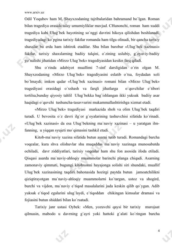 langa chiqadi. asarning zamonaviy qimmati, bugungi kitobxonni hayajonga solishi siri shundaki, muallif ulug`bek xazinasining taqdiri bahonasida hozirgi paytda butun jamoatchilikni qiziqtirayotgan ma`naviy-ahloqiy muammolarni ko`targan, ustoz va shogird, burchi va vijdon, ma`naviy e`tiqod masalalarini juda keskin qilib qo`ygan. adib yuksak e`tiqod egalarini ulug`laydi, e`tiqoddan chikingan kimsalar dramasi va fojiasini butun shiddati bilan ko`rsatadi. tarixiy janr ustasi oybek: «men, yozuvchi qaysi bir tarixiy murojaat qilmasin, mabodo u davrning g`ayri yoki hattoki g`alati ko`ringan barcha xususiyatlari orasidan o`ziga tanish bo`lgan his-tuyg`ular, fikrlar izlasa, mutlaqo xato qilmaydi, deb o`ylayman…»degan edi. odil yoqubov ham shunday yo`ldan borgan. ulug`bek davrining bizdan uzoqlashtiradigan xususiyatlari orasida o`ziga tanish bo`lgan his-tuyg`ular, fikrlar qidirgan: asarning zamonaviy qimmati, bugungi kun bilan bog`laydigan tomonlari xususan ali qushchi, abdullatif, mavlono muhiddin obrazlari tashiydagan ma`naviy-ahloqiy muammolar, his-tuyhular tahlili va talqinida yaqqol namoyon bo`ladi. demak, «mirzo ulug`bek»da ham, «ulug`bek xazinasi» da ham zamonaviy ruh kuchli, ammo zamonaviylikning namoyon bo`lishi, davr ruhining ifodasi jihatidan ular bir-birini …
