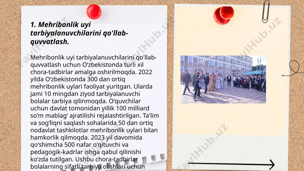 5% ga ortadi. ko‘rsatkichlar shuni ko‘rsatadiki, differensial yondashuv 15% ko‘proq muvaffaqiyatga erishishni ta'minlaydi. ... t.me/slaydai_bot 6. mehribonlik uyidagi tarbiyalanuvchilar uchun kreativ faoliyatlar turli yoshdagi bolalar rivojlanishini qo'llab-quvvatlaydi. o'yin terapiyasi 70% samarali bo'lib, bolalarning hissiy holatiga ijobiy ta'sir ko'rsatadi. musiqali mashg'ulotlar ishtirokchilarining 85%i uchun stressni kamaytirishda yordam beradi. rassomchilik darslari orqali kreativlik namoyish etishlari 60% yaxshilanadi. sport mashg'ulotlari 90% ishtirokchilarning jismoniy sog'lig'iga ijobiy ta'sir qiladi. o'quv davralari yangi bilimlarni 80% tezroq o'zlashtirishga yordam beradi. komanda asosidagi loyihalar ijtimoiy ko'nikmalarni rivojlantirishda 75% foydali hisoblanadi. ushbu faoliyatlar mehribonlik uyidagi tarbiyalanuvchilar uchun turli xil ko'nikmalarni rivojlantiradi va ularning hayot sifati yaxshilanishiga ko'maklashadi. ... t.me/slaydai_bot 7. tarbiyalanuvchilar va sport mashg'ulotlari. tarbiyalanuvchilar va sport mashg'ulotlari mavzusida axborot: uzbekiston maktablarida sport mashg'ulotlari majburiy hisoblanadi, 2000 dan ortiq sport turlari mavjud. o'quvchilar haftasiga kamida 3 soat sport bilan shug'ullanishadi. respublika miqyosida tashkil etilgan musobaqalarda har yili 500 mingdan ziyod o'quvchi ishtirok etadi. har bir maktabda kamida 5 ta …