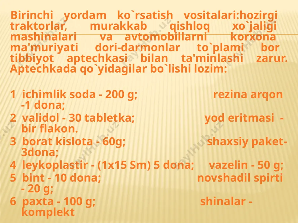 bint parchasi yoki toza ip-gazlama qo`yiladi va bint bilan mahkam bog`lanadi. qorinning ustki qismi va bo`shlig`ining ichi shikastlanganda bemor sanitariya zambiliga chalqanchasiga yotqiziladi, tizzalari biroz bukiladi. jarohatning butun yuzasiga katta doka (toza adyol, sochiq) yopish va yarani bint bilan yaxshilab bog`lab qo`yish kerak. jarohatlanganga suv berish va yarani suv bilan yuvish yaramaydi. ko`krak qafasi ichida o`pka, yurak hayot uchun xavfli darajada jarohatlangan bo`lishi mumkin. teri atrofidagi jarohatga yod eritmasi surtilgandan keyin uning ichiga havo kirmasligi uchun zich yopishib turadigan bog`lam qo`yiladi. buning uchun jarohat ustiga havo o`tkazmaydigan material ho`yib, ustidan 3-4 havat sterillangan ro`molcha yoki bint va paxta qo`yiladi. shundan keyin jarohat bint bilan qattiq bog`lab qo`yiladi. agar shikastlangan kishining ko`ziga biror o`tkir narsa tegib jarohatlangan bo`lsa, u holda dokali tiqin qo`yib darhol kasalxonaga jo`natish kerak. ko`zga xas-cho`p tushganda uni qo`l bilan artish yaramaydi. bug`imlarga ziyon yetishi-shish hosil bo`ladi. teri ko`karadi, og`riq paydo bo`ladi. bunday holatda bemor harakat kilmasligi lozim …