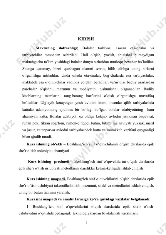ta, ularning har biridan ulug’ maqsadlar ko’zlangan. chunki sh’er ham, avvalo, badiiy adabiyotdir. adabiyotni o’z mohiyatiga ko’ra jo’shqin daryoga qiyos qilsa bo’ladi. daryo suvlaridan dalalar, dov-daraxtlar gullab-yashnasa, adabiyot inson qalbiga ezgulik urug’ini sepadi, uni hayotda to’g’ri yashashga, ulug’ maqsadlar yo’lida kurashishga o’rgatadi. daryo irmoqlardan vujudga keladi. adabiyotimiz irmoqlari esa adiblarimiz yaratgan asarlardan iborat. daryolarning sersuvligi, hayqirib oqishi irmoqlar suviga bog’liq bo’lgani singari, adabiyotning jo’shqinligi, kurashchanligi – hayotda tutgan o’rni undagi asarlarning sifatiga qarab belgilanadi. shunga ko’ra adabiyot ta’limi o‘z oldiga bir qator maqsadlarni qo‘yadi. umumiy o‘rta ta’lim maktablaridagi adabiy ta’lim asosan sof ilmiy maqsadlarni emas, balki ma’naviyaxloqiy yo‘nalishlar ustuvorligini ko‘zda tutadi. ular orasida eng muhimlari quyidagilar: · o‘quvchilarning yosh xususiyatlarini e’tiborga olgan holda, milliy va jahon adabiyotining eng munosib namunalari bilan tanishtirish asosida ularning qalbida vatanparvarlik, ezgulik, insonparvarlik singari yuksak insoniy fazilatlarga nisbatan rag‘bat, mehr va muhabbat uyg‘otish; · ularni fuqarolik va vatanparvarlik ruhida, adabiyotga, milliy, madaniy-ma’rifiy qadriyatlarga nisbatan hurmat …