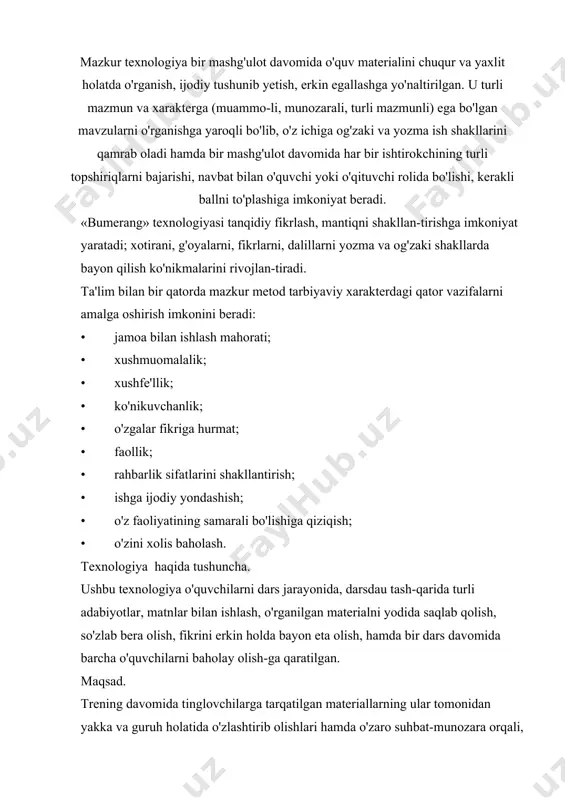 ballarini egal¬lashga imkoniyat yaratish. o'tkazish texnologiyasi. ushbu texnologiya bir necha bosqichda o'tkaziladi: l-bosqich: • o'qituvchi ishni to'g'ridan-to'g'ri o'quvchilarni 4-5 kishidan iborat kichik guruhlarga bo'lishdan boshlaydi; • o'qituvchi har bir guruh va uning har bir a'zosiga mustaqil aniq yozma tarqatma material beradi. tarqatma materialda o'qituvchi tomonidan tanlangan umumiy mavzu bo'yicha biron-bir hajmdagi matn berilgan, ularning soni guruhlar va o'quvchilar soniga bog'liq. agar 4 ta kichik guruh bo'lsa, u holda umumiy mavzu 4 kichik matnlarga bo'linib har bir guruhga beriladi; • faoliyat samarali bo'lishi uchun har bir guruhga berilgan matn-dan har bir o'quvchiga beriladi. shunday qilib, 4 ta guruh umumiy mavzu asosida 4 xil matnga ega, har bir o'quvchi esa o'z guruhiga tushgan matnga ega bo'ladi. 2-bosqich: • guruhlarga berilgan matnni guruh a'zolari yakka tartibda alo hida o'rganishlari, matnni eslab qolishlari, keyin esa kerak bo'lsa boshqalarga yoki o'qituvchiga gapirib berishlari, iloji boricha matnni o'zlashtirib olishlari kerakligini o'qituvchi uqtiradi va tayyorgarlik uchun matnni …