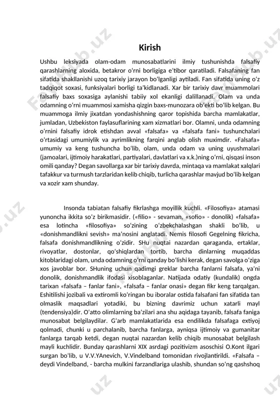 ng ma’nosi tushunilsa, ishonchli dalil-hujjatlar asosida shu narsa haqida miyada bir turli ishonch va tasavvur paydo bo‘lsa, mana shu ma’lumotga doir fanni falsafa deymiz. falsafa bilimi ochiq-oydin ishonchli dalil-hujjatlarga ega bo‘ladi.odamlar falsafa yo‘li bilan isbot etilgan mavjud narsa haqida to‘la ishonch va qanoatga ega bo‘ladilar».1 bu fikrlardan ko‘rinib turibdiki, vatandoshimiz abu nasr farobiy o‘z xulosalarida falsafa fan sifatida ilm-fan dalillariga asoslanishi, odam-olam munoabatlari shulardan kelib chiqadigan ishonch va qanoatga tayanish lozimligiga e’tiborni qaratgan. falsafa fanining qonunlari, kategoriyalari, tushunchalari, tamoyillari va falsafiy bilish metodlari shakllanishi uzoq tarixiy davrni o‘z ichiga oladi. ana shular orqali olamni, unda odamning o‘rnini falsafiy anglash imkoniyati vujudga keladi. biz yashayotgan tarixiy davrda barcha kadrlar o‘zlarida falsafiy (donishmandlarcha) fikrlash qobiliyatiga ega bo‘lishlari ijtimoiy taraqqiyotda inson omilining o‘rni va rolini ilmiy anglab olishlari uchun kafolat bo‘ladi. falsafa fan sifatida boshqa fanlardan ustun xam, kam ham emas. moxiyatan falsafa fani predmetining aniqlanishi boshqa fanlardan farq qilmaydi. chunki istagan fanni …
