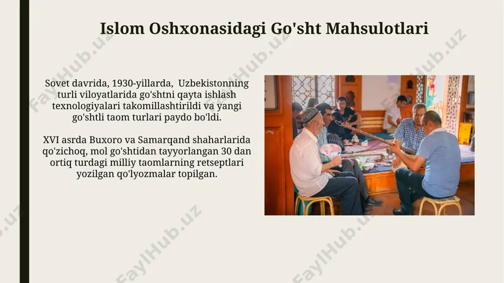 a 50 dan ortiq yangi retseptlar va taomlarning qo'shilishi, shuningdek, sog'lom ovqatlanish tendentsiyalari ta'sir ko'rsatdi, ayniqsa toshkentda. jahon miqyosida 10 dan ortiq mamlakatda islom oshxonasining fusion uslubidagi restoranlari ochilib, an'anaviy taomlarga yangi zamonaviy elementlar qo'shildi, masalan, malayziyada. islom oshxonasining jahon oshxonasiga ta'siri 13-asrda markaziy osiyoda paydo bo'lgan palovning 100 dan ortiq turlari butun dunyo bo'ylab, xususan, hindiston, eron va turkiya oshxonalariga tarqalib, ularning rivojlanishiga sezilarli hissa qo'shgan. islom dunyosidan tarqalgan ko'plab ziravorlar, masalan, zanjabil, kardamon va dolchin, 15-asrdan boshlab yevropa oshxonasiga kirib, yangi taomlar va ta'mlar yaratishga imkon bergan. islom oshxonasining kelajagi jahon miqyosida, 2040 yilga kelib, halal sertifikatlangan mahsulotlarga talabning 30% ga oshishi islom oshxonasining global miqyosda kengayishiga va yangi bozorlarni zabt etishiga yordam beradi. islom oshxonasining kelajagi 2030 yilga borib, 500 dan ortiq yangi restoranlarning ochilishi bilan, ayniqsa, toshkent va samarqand kabi yirik shaharlarda, katta o'sishni ko'rsatishi kutilmoqda. e'tiboringiz uchun rahmat @taqdimot_robot image1.jpg image2.jpg image3.jpg image4.jpg image5.jpg image6.jpg …