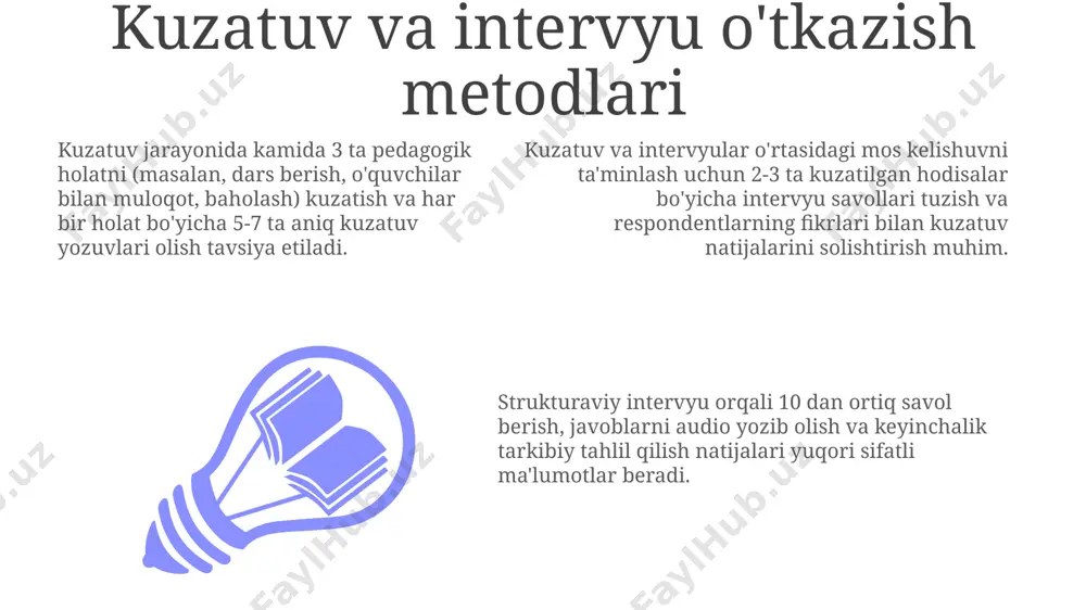 (masalan, r) yordamida klaster tahlili orqali guruhlash. miqdorli ma'lumotlarni yig'ishda 50 nafar o'qituvchidan 10 ball shkalasi bo'yicha anonim so'rovnoma orqali pedagogik tajriba darajasini baholash va olingan natijalarni spss dasturi yordamida statistik tahlil qilish mumkin. o'qituvchilarning 3 ta turli guruhdagi (boshlang'ich, o'rta, oliy) 20 tadan darsliklaridan namunalar tanlab olinib, ulardagi innovatsion pedagogik usullar sonini aniqlash va x² (chi-kvadrat) testi yordamida guruhlar o'rtasidagi farqni tekshirish. natijalarni talqin qilish va umumlashtirish tadqiqot natijalariga ko'ra, 25% respondentlarda yuqori darajadagi, 50% da o'rtacha va 25% da past darajadagi pedagogik tajriba kuzatildi, bu holat yosh va tajriba yillariga bog'liqligi aniqlandi. natijalarni kantitativ va kvalitativ tahlil qilish orqali, ya’ni 30 ta respondentning fikrlari asosida umumlashtirilgan xulosalar 5 ta asosiy toifaga bo'lindi. pedagogik tajriba darajasini aniqlash uchun 4 ballli shkala qo'llanilib, o'rtacha ko'rsatkichlar hisoblab chiqilib, guruhlar o'rtasidagi farqlar statistik jihatdan tahlil qilindi. ilmiy-tadqiqot metodologiyasini tanlash tadqiqot natijalarining ishonchliligini ta'minlash uchun kamida 100 ta respondentdan iborat namunaviy guruhlardan foydalanish …