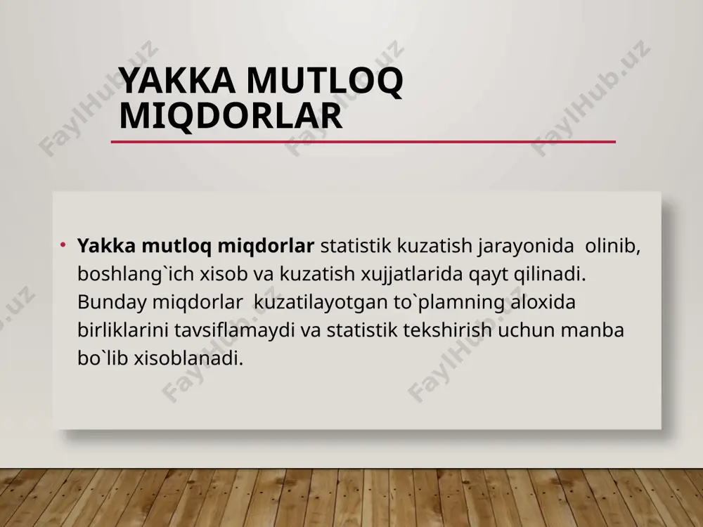 rtmasi, o`tgan davr miqdori (hajmi), o`rganilayotgan xodisa yig`indisi, boshqa mintaqa ko`rsatgichi yoki qandaydir boshqa xodisalar ko`rsatkichi olinishi mumkin. shunday qarab nisbiy miqdorlar quydagi asosiy turlarga bo`linadi: reja topshirig`i nisbiy miqdorlari. buyurtma bajarilish nisbiy miqdorlari. dinamika nisbiy miqdorlari. tuzilma nisbiy miqdorlari. koordinatsiyali nisbiy miqdorlari. intensiv nisbiy miqdorlari. obyektiv va hududiy taqqoslash nisbiy miqdorlari. reja topshirig`i reja topshirig`i – nisbiy miqdori rejalashtiralayotgan davr ko`rsatkichining oldingi yilning xaqiqiy ko`rsatkichiga nisbatan qanday o`zgarishi lozimligini ko`rsatadi va quyidagicha xisoblanadi: rtnm= drt •100 /d0 rtnm – reja topshirig`i nisbiy miqdori. drt – joriy davr uchun reja topshirig`i. do – bazis davrda xaqiqiy bajarilgan ko`rsatkich. dinamika nisbiy miqdorlari dinamika nisbiy miqdorlari bir xil turdagi xodisa va jarayonlarning vaqt bo`yicha o`zgarishini avsiflaydi. ular joriy davr ko`rsatkichini bazis davr ko`rsatkichiga bo`lish yo`li bilan aniqlanadi. agar davrlar soni uch va undan ortiq bo`lsa, u xolda xar bir keyingi davr darajasini undan oldingi davr darajasiga taqqoslash yo`li bilan ham dinamika nisbiy …