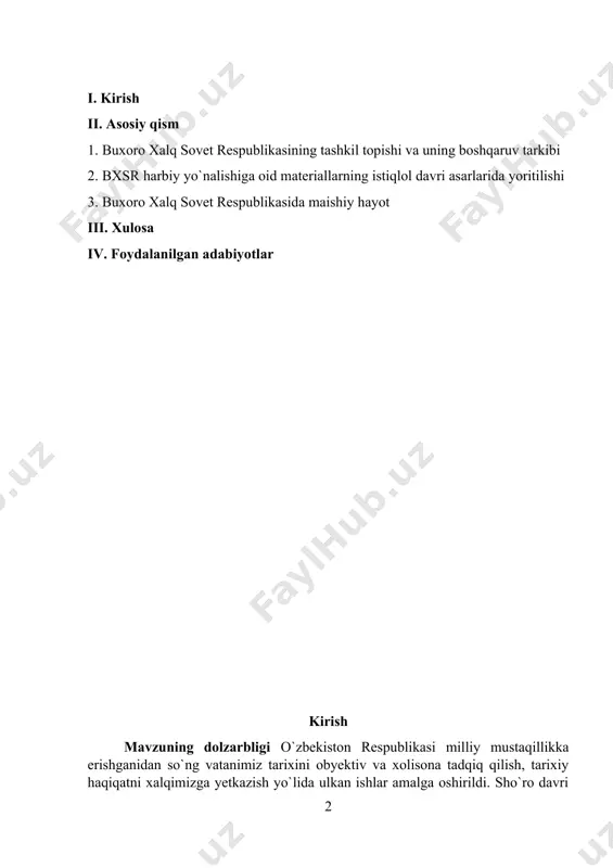 ilar. yuqoridagi fikrdan kelibchiqib, biz tariximizga bugungi kunda qurayotgan huquqiy demokratik davlatning tajriba tarozisi sifatida qarashimiz kerak. mustaqillik yillarida o`zbekiston tarixining hanuzgacha bizga noaniq bo`lgan qirralari ochildi. milliy o`zligimizni anglash, milliy tilimiz va urfodatlarimiz nechog`li qadrli va aziz ekanligini idrok etishimiz tufayli taraqqiyot pillapoyalaridan rivojlanib boryapmiz. bugungi kunda tarixshunoslik fani oldida o`zbekiston xalqi va davlatchiligi tarixini to`liq tiklash vazifasi turar ekan, qadimiy, ko`p asrlik sivilizatsiyaga ega bo`lgan buxoro tarixini mukammal tadqiq qilmasdan turib bu mas’uliyatli ishni uddalay olmaymiz. ushbu nuqtai nazardan qaraganda men tanlagan “1920-1924-yillarda bxsr hukumatining harbiy va ijtimoiy sohalardagi tub o`zgarishlarning tarixshunosligi” nomli bitiruvmalakaviy ishi mavzusi dolzarb va muhim ahamiyatga ega hisoblanadi. i.a. karimov o`zlarining nutq va asarlarida buxoroning boy tarixiga madaniyatiga qayta qayta murojaat qilganlari ham bejiz emas. “tarix o`zbekistondagi tub demokratik islohotlarni oziqlantiruvchi hayotbaxsh chashmaga aylanib bormoqda. buxoro, xiva va samarqandning ko`hna madaniyati, ajdodlarimiz qoldirgan ulkan meros tarixiy xotiramizni uyg`otmoqda, yangicha fuqarolik ongini shakllantimoqda”, deb yozgandilarbirinchi …