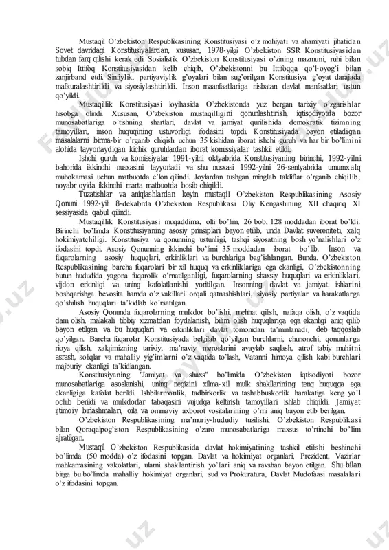 ek davlatchiligining qaror topish jarayoni ham tashkil, ham ichki murakkab sharoitlarda ro’y berdi. mamlakatimiz taraqqiyotining “o’zbek modeli”ning eng bosh g’oyasi xalqimiz uchun munosib bo’lgan erkin, farovon xayotni barpo qilishdan iboratdir. bu borada zamonaviy demokratiya prinsiplarini milliy manfaatlarimizdan kelib chiqib, jamiyatda qaror toptirish vazifas i ustuvor qilib belgilandi. ta’kidlash joizki, jamiyatimizda demokratiya va fuqarolik jamiyati g’oyasini ijtimoiylashuvi va qaror topishida “o’zbek modeli”ning barcha konseptual g’oyalaridan izchill ik bilan foydalanildi va shu bois ham ulkan samaralarga erishildi. zero, jamiyatda demokratiyani joriy qilishning yagona resepti mavjud emas, har bir mustaqil davlat demokratik taraqqiyot yo’liga o’tishda birinchi navbatda o’zining sosio- madaniy asoslariga, milliy taraqqiyot modeliga tayanishi lozim bo’ladi. faqat shunday holatdagina mamlakatning demokratik taraqqiyoti kutilgan ijobiy natijalarni beradi. taraqqiyotning “o’zbek modeli” g’oyasiga ko’ra, yurtimizda yangi jamiyatni barpo etish uchun amalga oshiriladigan barcha islohotlar zaminiga inson omili qo’yild i. ya’ni “islohot islohot uchun emas, balki, inson manfaatlari, uning, erki va farovonligi uchun”, degan g’oya barcha …