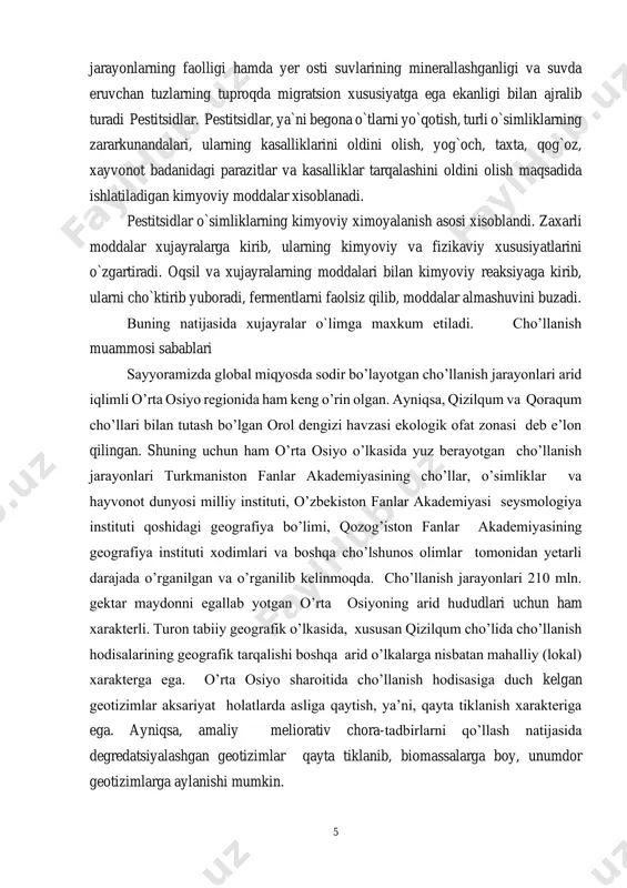 a o’rganilgan va o’rganilib kelinmoqda. cho’llanish jarayonlari 210 mln. gektar maydonni egallab yotgan o’rta osiyoning arid hududlari uchun ham xarakterli. turon tabiiy geografik o’lkasida, xususan qizilqum cho’lida cho’llanish hodisalarining geografik tarqalishi boshqa arid o’lkalarga nisbatan mahalliy (lokal) xarakterga ega. o’rta osiyo sharoitida cho’llanish hodisasiga duch kelgan geotizimlar aksariyat holatlarda asliga qaytish, ya’ni, qayta tiklanish xarakteriga ega. ayniqsa, amaliy meliorativ chora-tadbirlarni qo’llash natijasida degredatsiyalashgan geotizimlar qayta tiklanib, biomassalarga boy, unumdor geotizimlarga aylanishi mumkin. 6 o’rta osiyoning , xususan orol dengizi havzasida, cho’llanish jarayoniga duchor bo’lgan landshaft majmualarining umumiy maydoni a.g.boboevning (2000) bergan ma’lumoti bo’yicha 1 405 840 km 2 ga teng. shundan kuchsiz cho’llangan yerlar 837 714 km 2 ni (59,6%), mo’tadil cho’llangan yerlar 474 356 km 2 ni (33,7%) va kuchli cho’llangan yerlar 93 770 km 2 ni (6,7%) tashkil etadi. qizilqumning hozirgi arid landshaftlarini vujudga kelishi, shakllanishi va rivojlanishida hududning geologik tuzilishi, tektonik strukturasi, litologik tarkibi va relef shakllari …