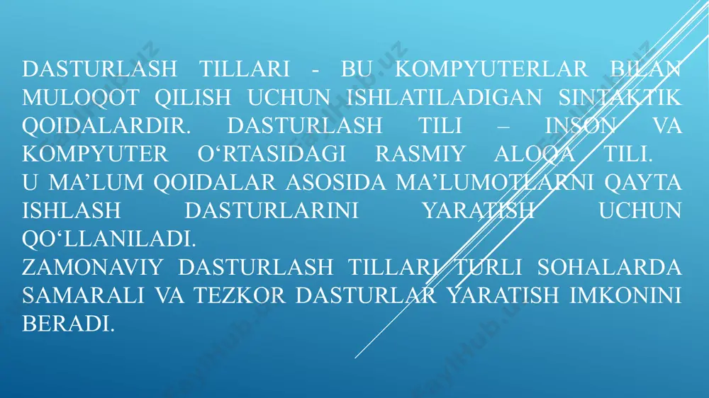 da: siz yozgan dastur kompyuter tiliga avval to‘liq tarjima qilinmaydi, balki har bir qator (qadam) alohida o‘qiladi va bajariladi. 🌐 mashhur va faol ishlatiladigan tillar (top-10) 1. python 🌍 soha: sun’iy intellekt, ma’lumotlar tahlili, veb, avtomatlashtirish. ✅ afzalliklar: oson o‘rganiladi, kuchli kutubxonalar (numpy, tensorflow, django). ❗kamchiligi: tezlik nisbatan past. 2. javascript 🌐 soha: veb frontend va backend (node.js). ✅ afzalliklar: brauzerda to‘g‘ridan-to‘g‘ri ishlaydi, dinamik sahifalar yaratish uchun zarur. ⚠️ kamchiligi: katta loyihalarda murakkablashadi. 3. java 📱 soha: android, korporativ tizimlar (bank, sug‘urta). ✅ afzalliklar: katta loyihalar uchun ideal, ob'ektga yo‘naltirilgan. ❌ kamchiligi: ko‘proq kod yoziladi, sinf tuzilmalari murakkab. 4. c++ 🎮 soha: o‘yinlar, operatsion tizimlar, mikrokontrollerlar. ✅ afzalliklar: tez ishlaydi, resurslarni to‘liq nazorat qiladi. ❌ kamchiligi: murakkab sintaksis, xatolarga moyil. 5. c# 🪟 soha: windows ilovalari, unity o‘yinlari. ✅ afzalliklar: .net bilan ishlaydi, grafik interfeyslar uchun qulay. ❌ kamchiligi: faqat microsoft platformalariga bog‘liq. 6. go (golang) 🌐 soha: tarmoq dasturlari, …