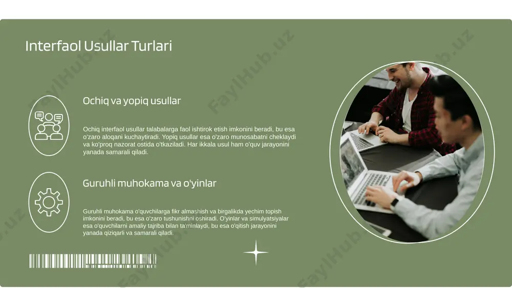 dars jarayoniga faol ravishda tortish va o'z fikrlarini ifoda etish imkoniyatini beradi. masalan, guruhda muhokama, rolli o'yinlar yoki interaktiv taqdimotlar orqali o'quvchilar bir-biridan o'rganadilar va o'zaro fikr almashadilar. shunday qilib, interfaol usullar darsni yanada qiziqarli va samarali qiladi. interfaol faoliyatlarning turlari asosiy turlar interfaol faoliyatlarning asosiy turlari quyidagilardir: 1. guruh ishlari - talabalarning birgalikda ishlashini ta'minlaydi, ularga fikr almashish va tajriba o'rganish imkonini beradi. 2. muhokama - talabalarga o'z fikrlarini ifoda etish va bir-biri bilan muloqot qilish imkonini yaratadi. 3. o'yinlar - o'rganish jarayonini qiziqarli va samarali qilish uchun foydalaniladi. bu usullar darslarni yanada interfaol va jalb etuvchi qiladi. qo'shimcha usullar bundan tashqari, interfaol faoliyatlar qatoriga quyidagilarni kiritish mumkin: 1. rol o'ynash - talabalarga real hayotiy vaziyatlarni simulyatsiya qilish imkonini beradi. 2. simulyatsiyalar - murakkab jarayonlarni o'rganish uchun foydalaniladi. bu usullar darsni yanada qiziqarli va samarali qilishga yordam beradi. dars loyihasida interfaol faoliyatlarni qanday qoʻllash dars loyihasida interfaol faoliyatlarni amalga …
