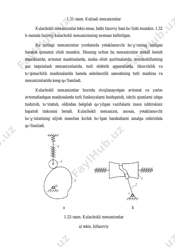 arni tekis kulachokli mexanizmlarda qoʻllanishi 1.34-rasmda keltirilgan. oliy kinematik juft elementlarini doimiy bogʻlanishini ta’minlash uchun prujinaning kuchidan foydalaniladi. 1.33-rasm har xil turtkichli kulachokli mexanizm