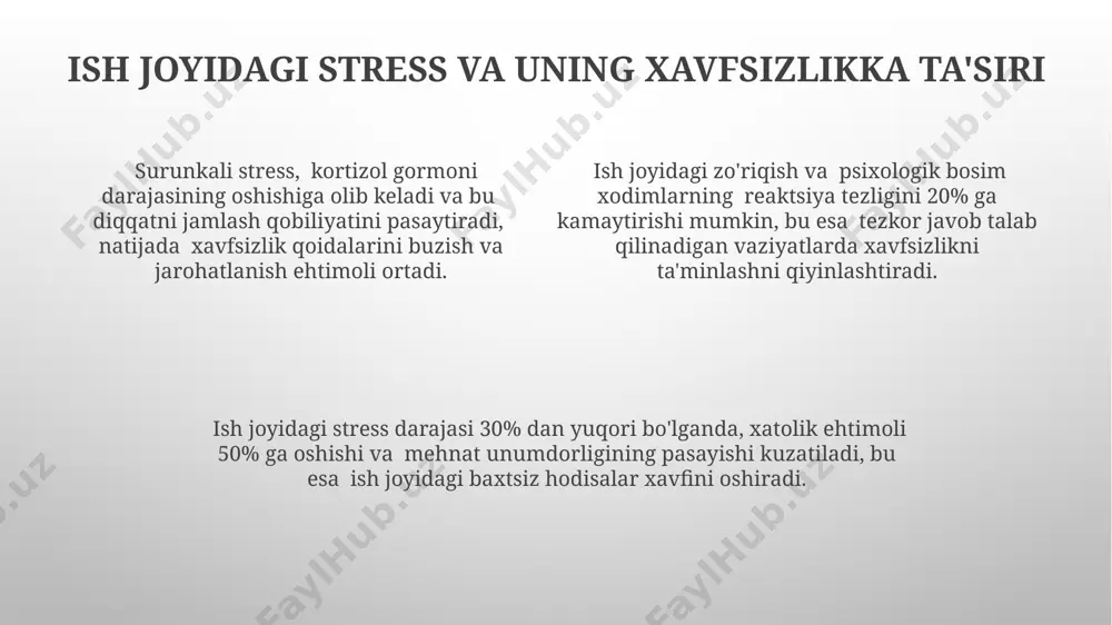stressni boshqarish bo'yicha mashg'ulotlar samaradorlikni 15-20% ga oshirishi mumkin. ish joyidagi psixologik yordam xizmati, xavfsizlik madaniyatini 25% ga yaxshilash va ishchi jarohatlarini 10% ga kamaytirishga yordam beradi. xavfsizlikni ta'minlashda psixologik maslahatning roli ish joyidagi stress darajasi 30% ga yetganda, xatolik ehtimoli va jarohatlar soni 50% ga ortadi, shuning uchun psixologik konsultatsiya muhimdir. xodimlarning 70% psixologik yordam olishdan manfaatdor, lekin faqat 20% murojaat qiladi, bu esa xavfsizlikka salbiy ta’sir qiladi. psixologik treninglar xavfsizlik qoidalariga rioya qilishni 15% ga oshiradi va ishchi jarohatlari sonini 10% ga kamaytiradi. qo'rquv va tashvishning ish xavfsizligiga ta'siri qo'rqinch va tashvish, ishchilarning diqqat-e'tiborini 15-20% ga kamaytirib, xatolik ehtimolini 30% ga oshirishi mumkin, bu esa baxtsiz hodisalar sonining ko'payishiga olib keladi. ish joyidagi qo'rqinch va tashvish, psixologik kasalliklar, jumladan, depressiya va xavotirga olib kelishi mumkin, bu esa ishdan qolish va ish unumdorligining pasayishiga olib keladi. yuqori darajadagi stress va tashvish, ishchi kuchi samaradorligini 25% gacha pasaytirib, xavfsizlik qoidalariga …