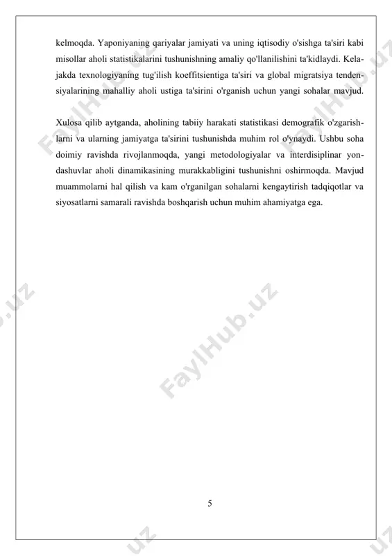ularning tahlili demografik o‘zgarishlarni tushunishga yordam beradi. bu ko‘rsatkichlar orqali davlatlar ijtimoiy, iqtisodiy va sog‘liqni saqlash sohalarida strategiyalar ishlab chiqish imkoniyatiga ega bo‘ladilar. ii. demografik o‘zgarishlarga iqlim ta’siri iqlim o'zgarishlari va demografik o'zgarishlar o'rtasidagi bog'lanish, so'nggi yillarda ko'plab tadqiqotlar va muhokamalarga sabab bo'lmoqda. iqlim o'zgarishlari, nafaqat atrof-muhitga, balki aholi dinamikasiga ham ta'sir ko'rsatadigan muhim omil hisoblanadi. ushbu bo'limda, iqlimning aholi harakatiga, tug'ilish va o'lim ko'rsatkichlariga, shuningdek, umumiy demografik o'zgarishlarga qanday ta'sir ko'rsatishini ko'rib chiqamiz. iqlim o'zgarishlarining demografik o'zgarishlarga ta'siri bir necha asosiy aspektlarda namoyon bo'ladi. birinchidan, iqlim o'zgarishi natijasida resurslar, masalan, suv va oziq-ovqat manbalari, cheklanishi mumkin. bu esa, o'z navbatida, aholi tug'ilish ko'rsatkichlarini pasaytirishi yoki o'lim ko'rsatkichlarini oshirishi mumkin. masalan, qurg'oqchilik yoki ko'plab tabiiy ofatlar (yomg'irlar, sel, issiq to'lqinlar) natijasida aholi yashaydigan hududlarda insonlarning sog'lig'iga ta'sir ko'rsatishi mumkin, bu esa natijada o'lim darajasining oshishiga olib keladi. ikkinchidan, iqlim o'zgarishlari ko'chish jarayonlarini kuchaytirishi mumkin. aholi, iqlim o'zgarishlari sababli yashash muhitini …