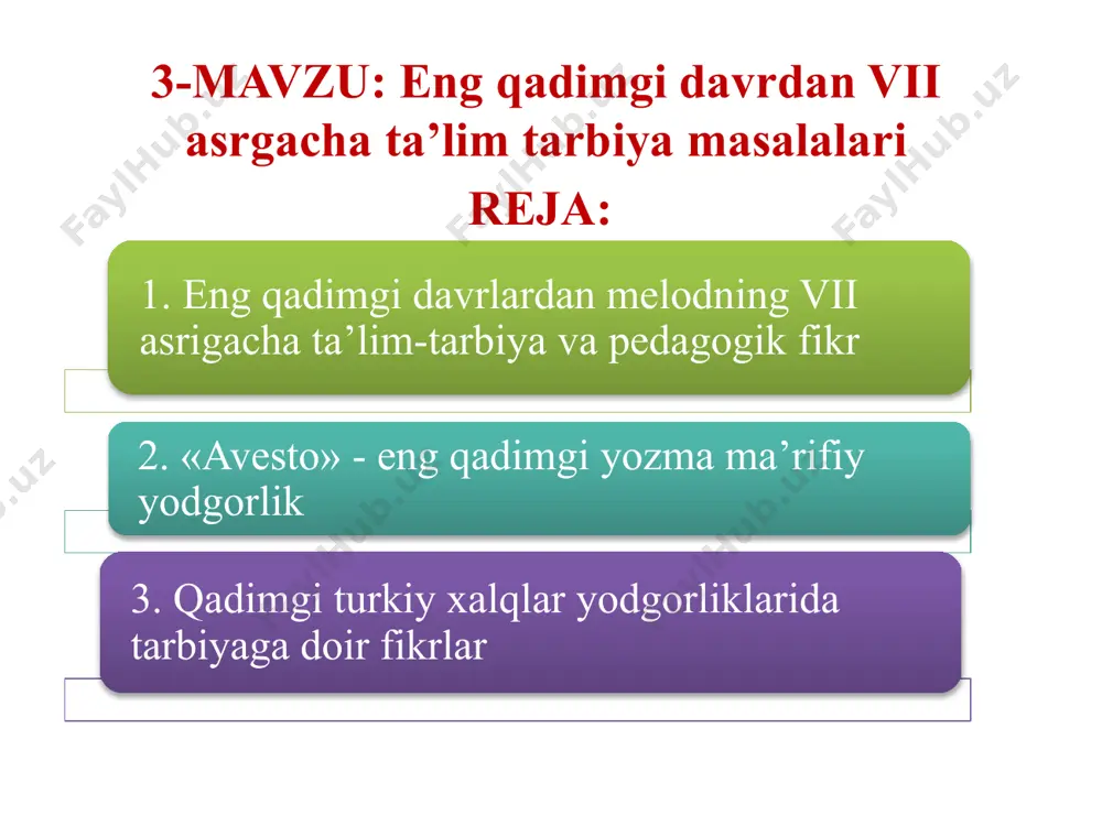 ihatlariga ko‘ra quyidagicha tashkil etganlar: a) bolalar va o'smirlar; b) ijtimoiy hayot va mehnatda to`la ishtirok etuvchilar; c) keksalar. 6 maktablarda asosiy e’tibor bolalarga og'zaki bilim berish bilan birga ularda yozuv ko'nikmalarining shakllantirilishiga qaratildi. dastlab suratkashlik rivojlanib, piktografik xat paydo bolgan bo'lsa, keyinchalik qo'shni mamlakatlardan kirib kelgan harflar yordamida yozish usuli paydo bo'ladi va bu usul tez tarqala boshlaydi. back 7 eramizdan oldingi i ming yillik o'rtalariga kelib, oromiy yozuvi negizida ovisto, xorazm, so‘g‘d, kushon, run (urxun-enasoy), uyg‘ur va boshqa yozuvlar paydo boladi va ta`lim-tarbiyaning rivojlanishida muhim ahamiyat kasb etadi. xitoyda qog'ozning ixtiro etilishi, hindistonda hisoblash, o‘nlik sonlarning paydo bo`lishi, mesopotamiyada yer kurrasining graduslarga, sutkani soatlarga, minut va sekundlarga bo'lishning o'ylab topilishi, markaziy osiyoda o`rtayerdengizi bilan hindistonni o‘zaro boglovchi karvon yo'iining vujudga kelishi, keyinchalik xitoydan markaziy osiyo orqali o`rtayerdengiziga «buyuk ipak yo‘li»ning ochilishi kabi voqealar mazkur hududlarda yashovchi xalqlar madaniyatining rivojlanishiga sabab boldi. xalq og`zaki ijodi namunalari afsonalar maqollar eposlar …