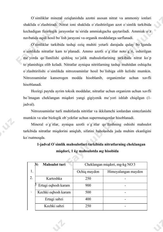 rtoshka 250 - ertagi oqbosh karam 900 - kechki oqbosh karam 500 - ertagi sabzi 400 - kechki sabzi 250 - pomidor 150 300 bodring 150 400 osh lavlagi 400 - 7. 8. 9. bosh piyoz 80 - ko`k piyoz 600 600 chuchuk qalampir 100 400 nitratlarning disulfofenol kislotasida aniqlash uning nitrat bilan ishqoriy muhitda sariq rangli birikma hosil qilishga asoslangan. c6h3(hso3)2oh+3hno3=c6h2(no2)3oh+2h2so4 + h2o disulfofenol kislotasi c6h2(no2)3oh +nh3 = c6h2(no2)3onh sariq rangli nitrofenol birikma eritma rangi intensivligi mahsulotdagi nitratlar miqdoriga bog`liq. bu uslub eng ko`p tarqalgan, aniqligi yuqori hisoblanadi, ammo ko`p mehnat talab qiladi. ishni bajarish tartibi. o`simlik namunasi qirg`ichda yoki pichoqda maydalanib 5-10 gr tortib olinadi. gomogenizatorda, agar u bo`lmasa hovonchada 25-50 ml distillangan suv bilan birgalikda maydalanib sig`imi 200 ml li kolbaga o`tkaziladi. belgisigacha suv qo`shilib aralashtiriladi. so`ng sig`imi 100 yoki 200 ml li kolbaga filtrlanadi. kolba belgisigacha distillangan suv bilan to`ldiriladi. pipetka yordamida filtratdan 50 ml so`rim …