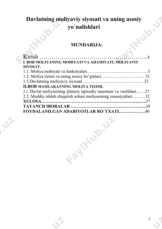 t yoki kredit, ichki yoki tashqi siyosat to’g’risida gapiriladi. moliyaviy siyosat o’z-o’zini bosib turuvchi mustaqil ahamiyatga ega bo’lib, bir vaqtning o’zida ijtimoiy faoliyatning har qanday sohasida davlat siyosatini amalga oshirishning muhim vositasi hisoblanadi. bu erda uning iqtisodiyot, ijtimoiy soha, harbiy islohotlar yoki xalqaro munosabatlar bo’lishi printsipial ahamiyatga ega emas. siyosat, siyosiy ta’sir va siyosiy rahbarlik quyidagi uch elementlardan tarkib topadi: · bosh maqsadni aniqlash va qo’yish hamda jamiyat hayotining ma’lum bir davriga xos qo’yilgan maqsadlarga erishish uchun echilishi zarur bo’lgan istiqboldagi va yaqin kunlardagi vazifalarni konkretlashtirish; · yordamida qo’yilgan maqsadlarga qisqa muddatlarda erishiladigan, yaqin kunlardagi va istiqboldagi vazifalar esa oqilona tartibda hal qilinadigan munosabatlarning metodlari, vositalari va konkret shakllarini ishlab chiqish; · qo’yilgan vazifalarni yechishga qodir bo’lgan kadrlarni tanlash va joy-joyiga qo’yish, ularning bajarilishini tashkil qilish. i. bob moliyaning mohiyati va ahamiyati, moliyaviy siyosat. 1.1. moliya mohiyati va funksiyalari. davlat moliyasi mamlakat moliya tizimining asosiy sohasi bo‘lishi bilan bir qatorda …