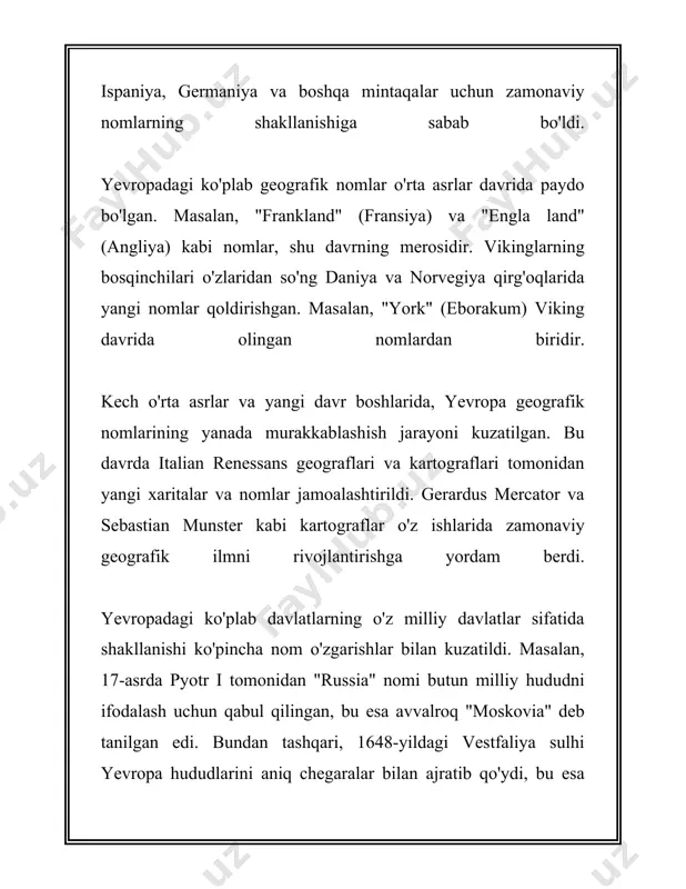 ining nomi kelib chiqishi aniq bo‘lmasa-da, kelt tilidagi "vedunia" so‘zidan kelib chiqqani mumkin degan nazariya mavjud. "vedunia" esa "o'tish joyi" yoki "daryo" ma'nolarini anglatadi. 9. **praga**: praga shahar nomi chex tilidagi "práh" so‘zidan kelib chiqqan bo‘lib, "daryo o‘zanidagi qum" degan ma’no beradi. 10. **amsterdam**: amsterdamning nomi "amstel" daryosi ustidagi to‘siqdan (dam) kelib chiqqan. "amstelredamme" nomi asta-sekin qisqa shaklga o‘tkazilib, hozirgi "amsterdam" shakliga keltirilgan. yevropadagi shaharlar nomlarining kelib chiqishi odatda ularning geografik joylashuvi, tarixiy jarayonlar va dastlabki aholisi bilan bog‘liqdir. ushbu etimologik ma'lumotlar yevropalik odamlarning tarixiy madaniy aloqalari va til rivojlanishi haqida qimmatli ma’lumotlarni beradi. bu barcha ma'lumotlar shaharlarning tarixi va ularning boy madaniy merosi haqidagi tushunchani chuqurlashtirishga yordam beradi. har bir nom o‘z ichida shaharlarning yanada chuqur va turli qirralarini aks ettiradi. 3. daryolar va ko'llar nomlari albatta, mana siz uchun 3. daryolar va ko‘llar nomlari haqida faqat ma'lumotlar va raqamlar. 1. daryolar: - amudaryo: o‘zbekistonning asosiy daryolaridan biri bo‘lib, …